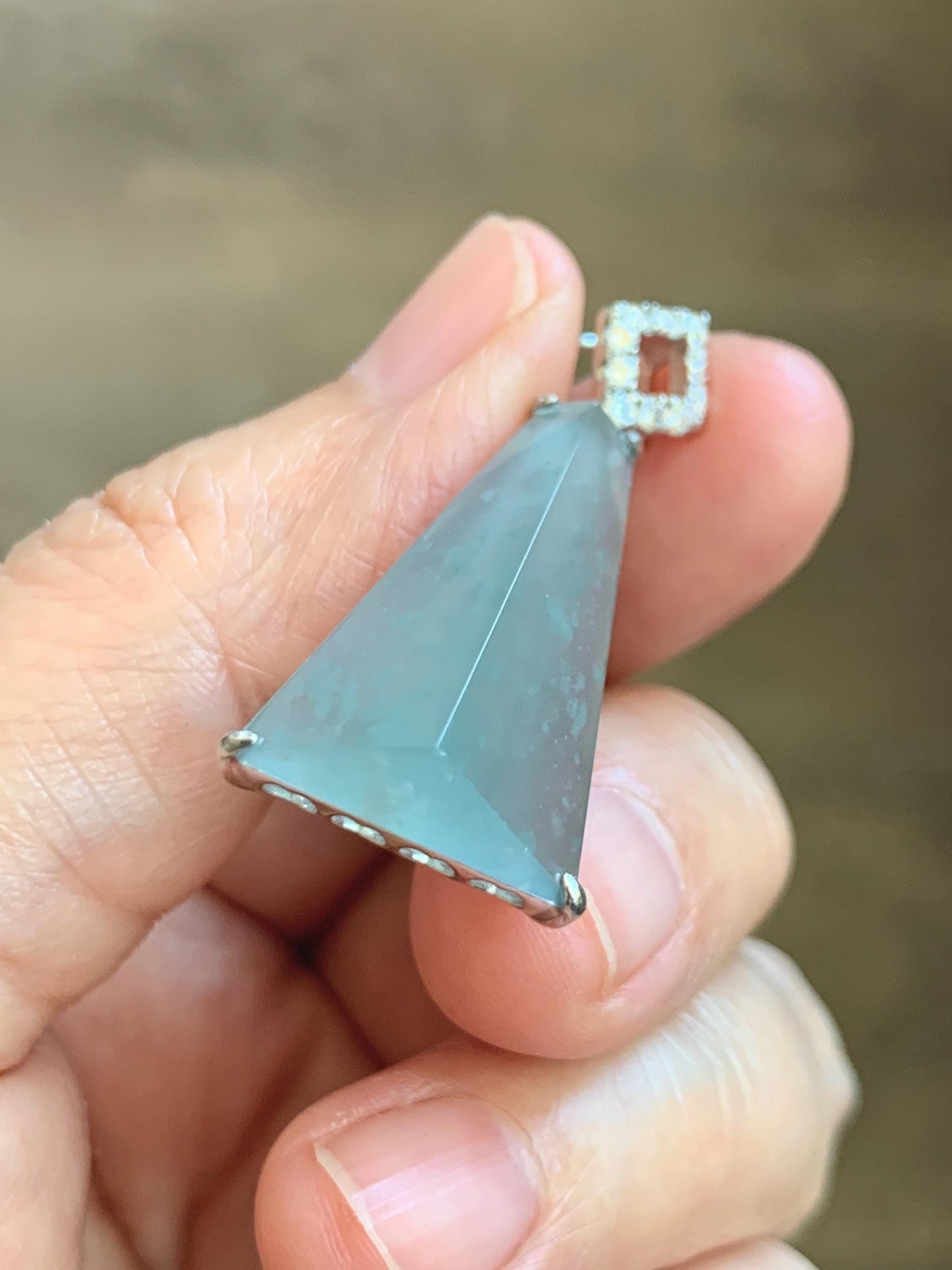 Certified Natural Grade A Guatemalan Icy Light Teal Jadeite Triangular Pillar Pendant Moissanite Sterling Silver 4.18g 天然高冰危浅蓝翡翠三角柱银镶吊坠 243