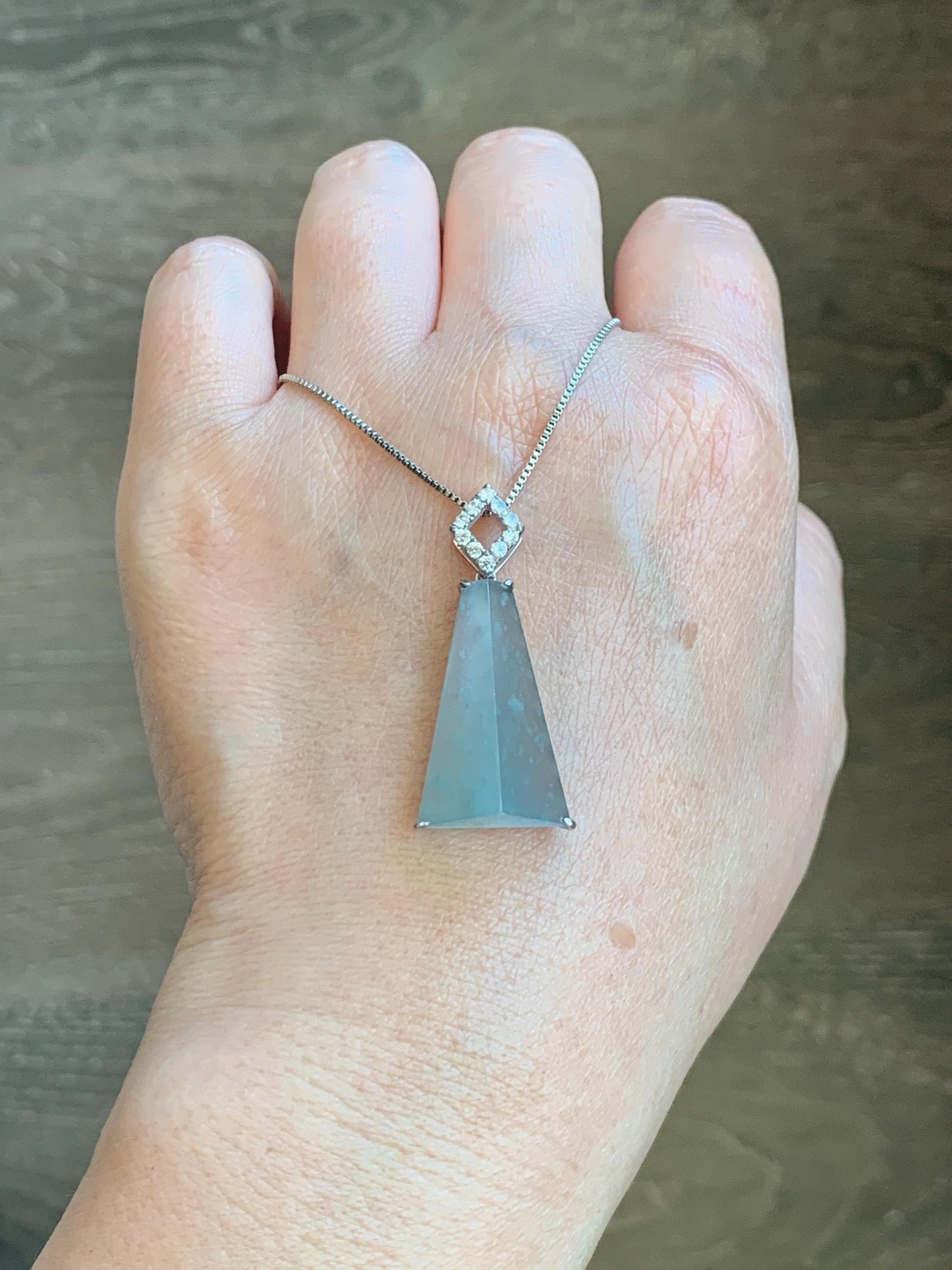 Certified Natural Grade A Guatemalan Icy Light Teal Jadeite Triangular Pillar Pendant Moissanite Sterling Silver 4.18g 天然高冰危浅蓝翡翠三角柱银镶吊坠 243
