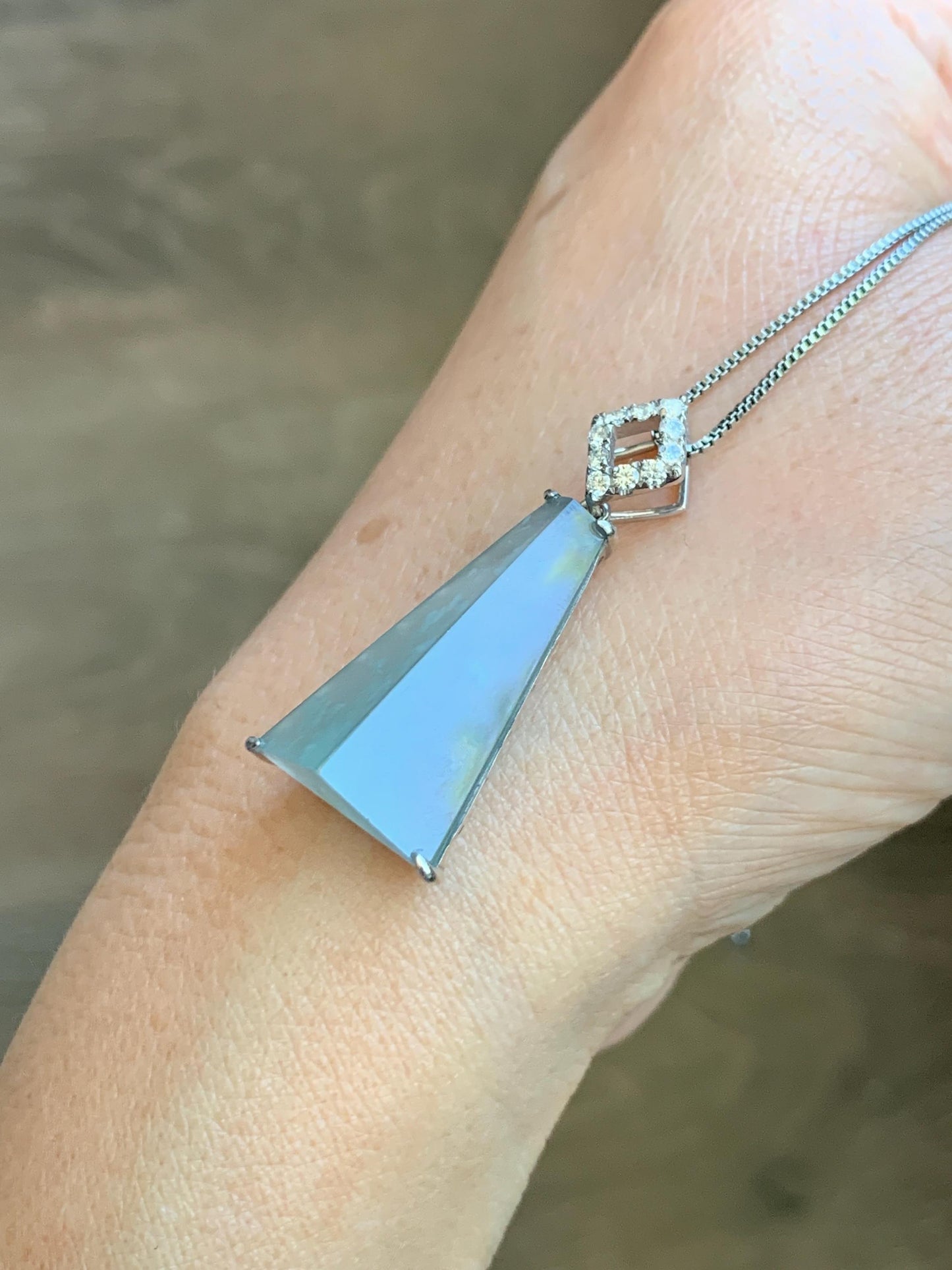 Certified Natural Grade A Guatemalan Icy Light Teal Jadeite Triangular Pillar Pendant Moissanite Sterling Silver 4.18g 天然高冰危浅蓝翡翠三角柱银镶吊坠 243