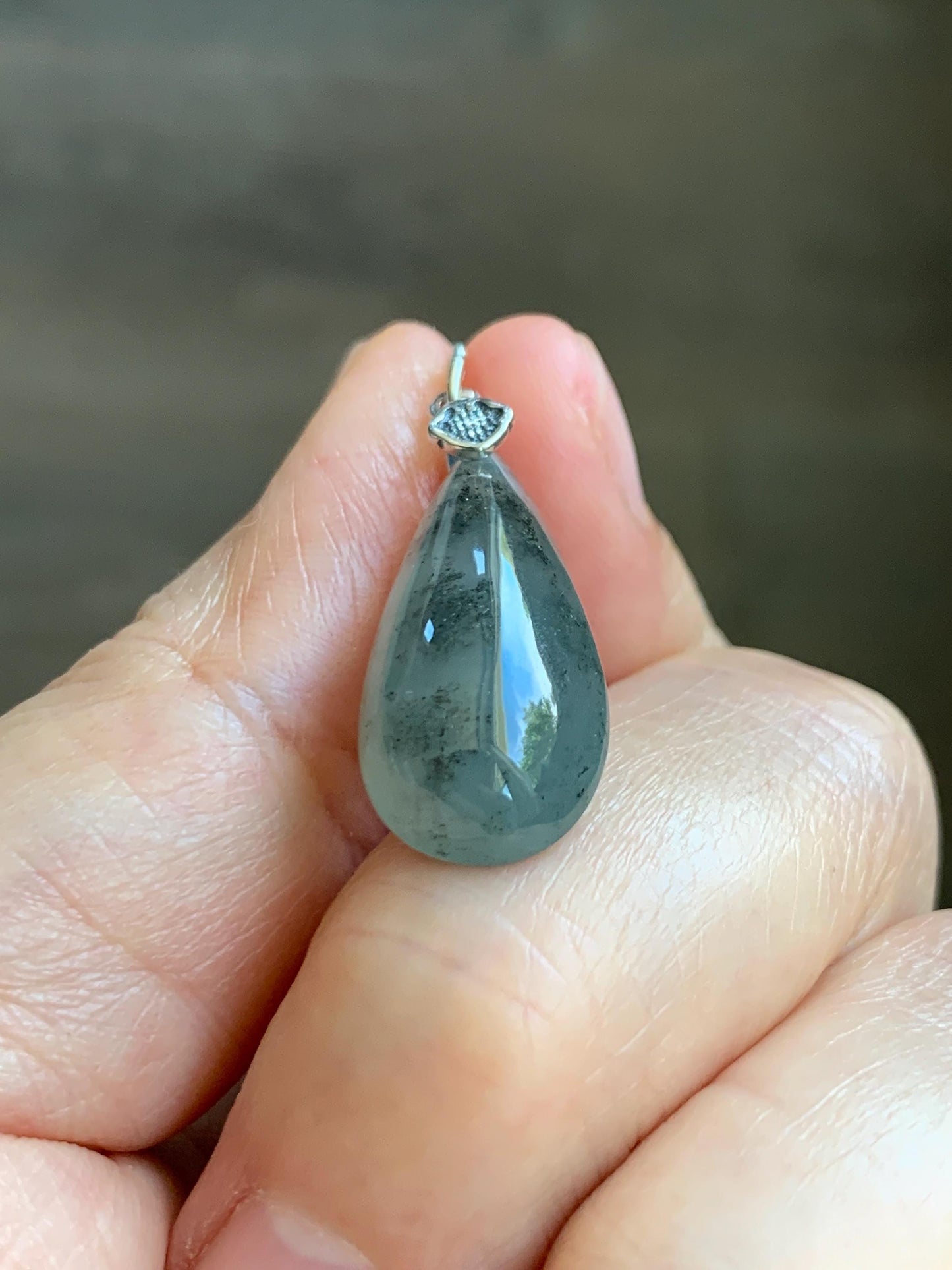 Natural Grade A Guatemalan Icy Highly Translucent Wuji Jade Jadeite Teardrop Pendant Sterling Silver 天然冰危乌鸡翡翠水滴吊坠 WSD88