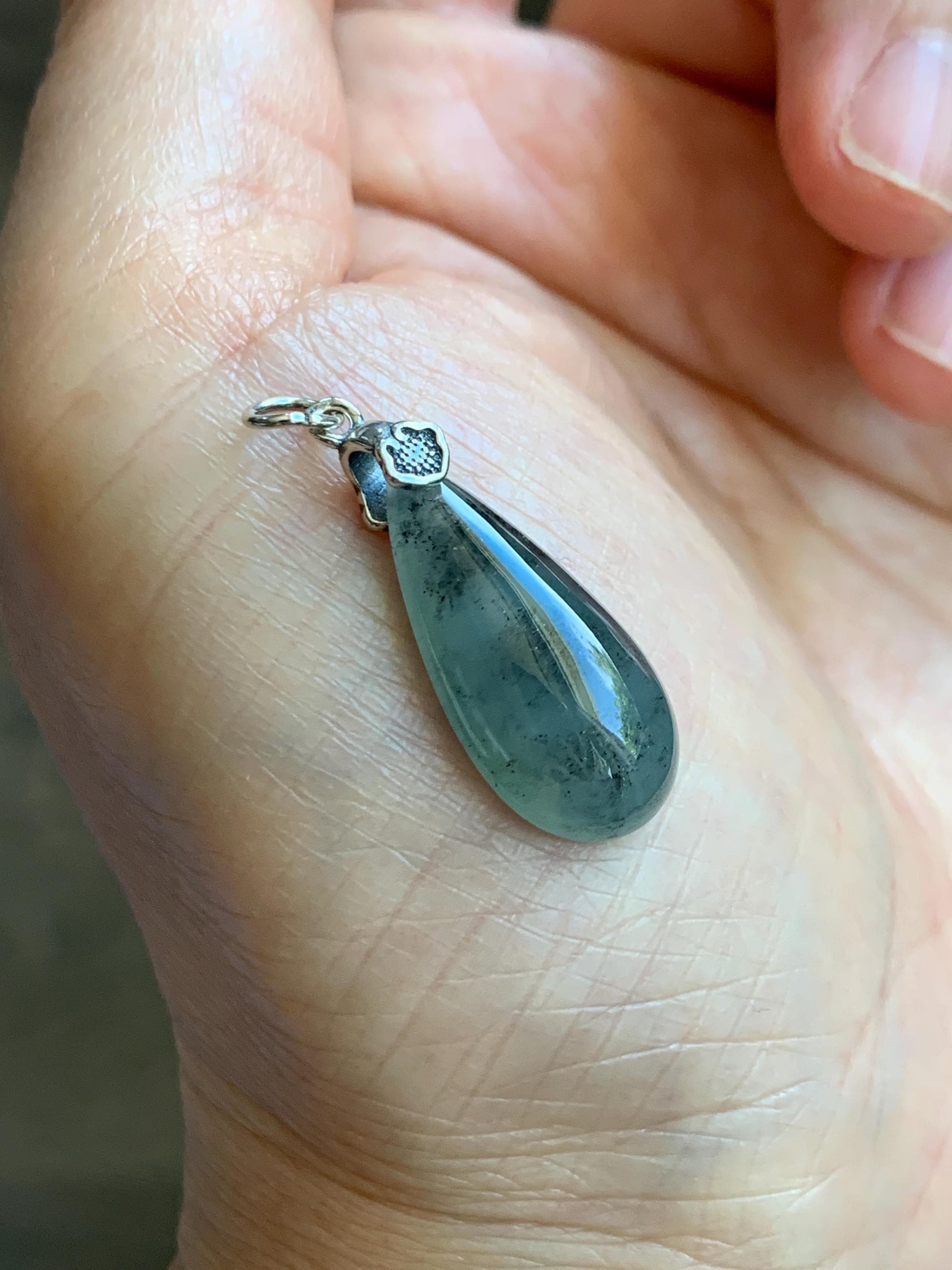 Natural Grade A Guatemalan Icy Highly Translucent Wuji Jade Jadeite Teardrop Pendant Sterling Silver 天然冰危乌鸡翡翠水滴吊坠 WSD88