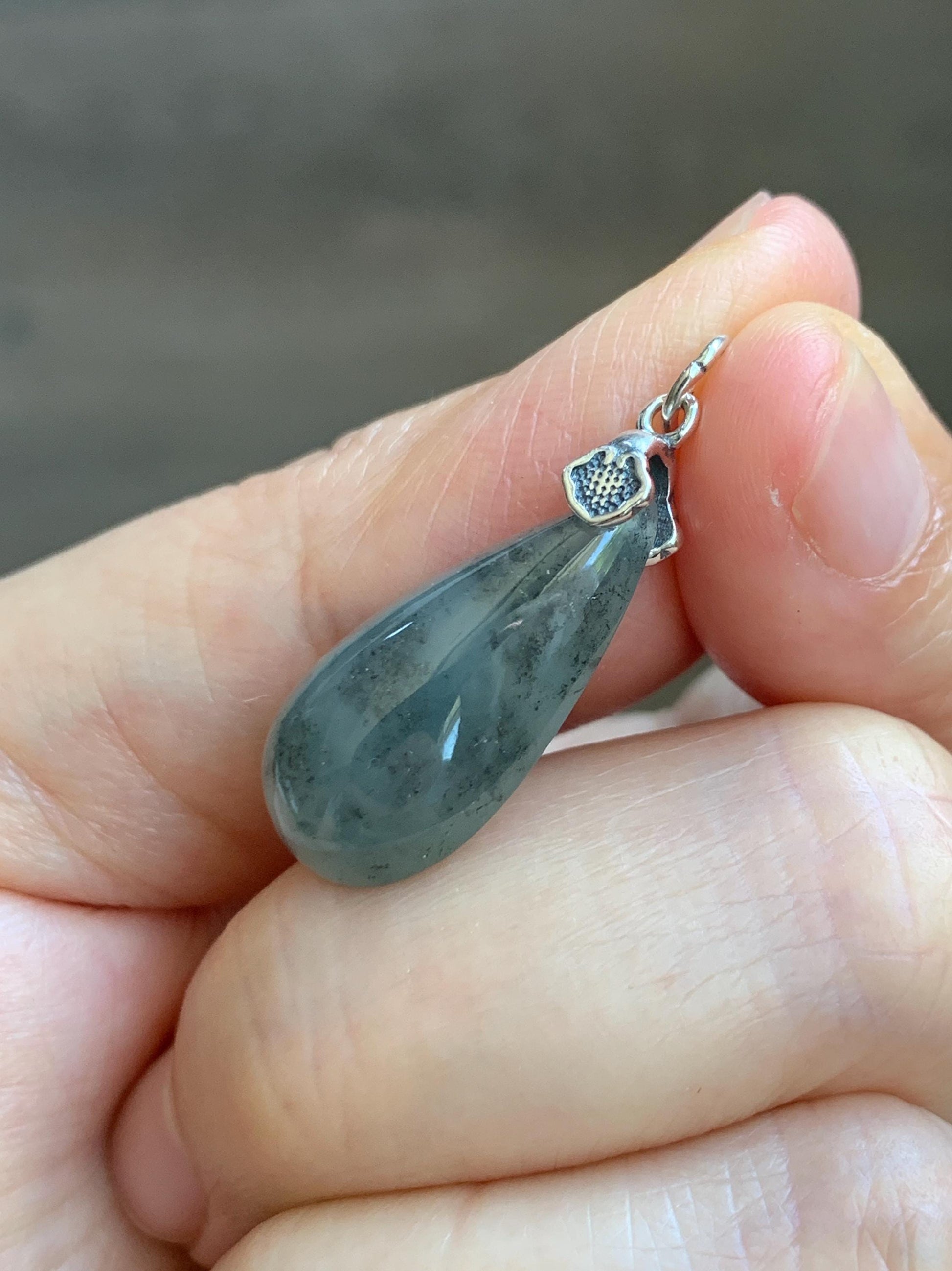 Natural Grade A Guatemalan Icy Highly Translucent Wuji Jade Jadeite Teardrop Pendant Sterling Silver 天然冰危乌鸡翡翠水滴吊坠 WSD88