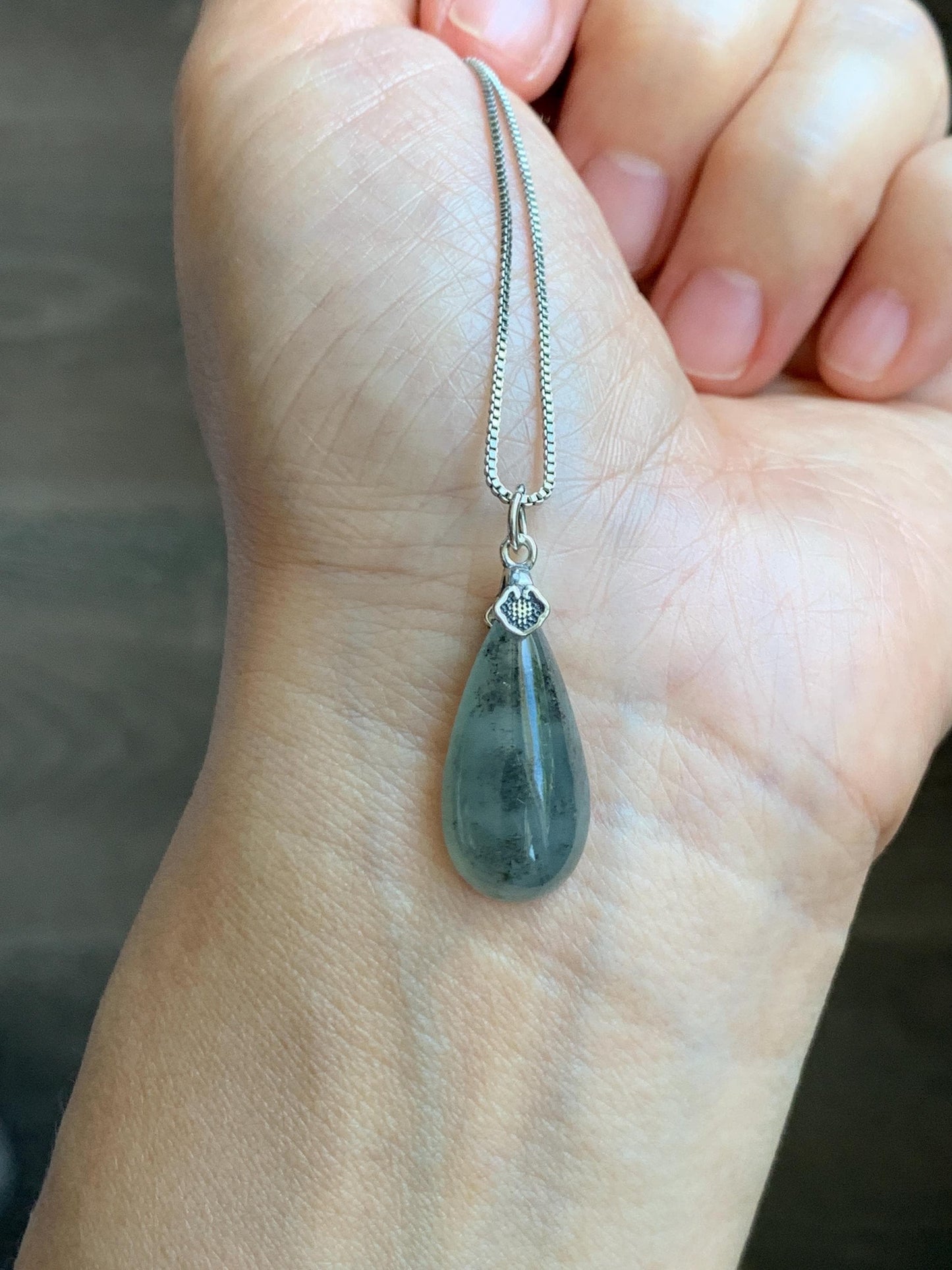 Natural Grade A Guatemalan Icy Highly Translucent Wuji Jade Jadeite Teardrop Pendant Sterling Silver 天然冰危乌鸡翡翠水滴吊坠 WSD88