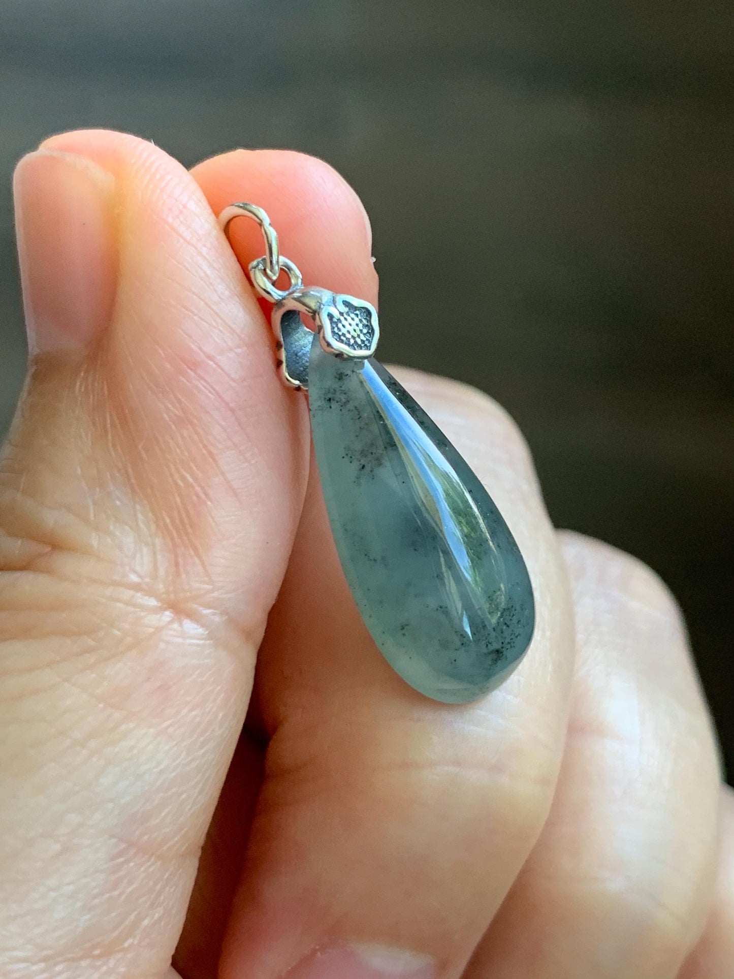Natural Grade A Guatemalan Icy Highly Translucent Wuji Jade Jadeite Teardrop Pendant Sterling Silver 天然冰危乌鸡翡翠水滴吊坠 WSD88