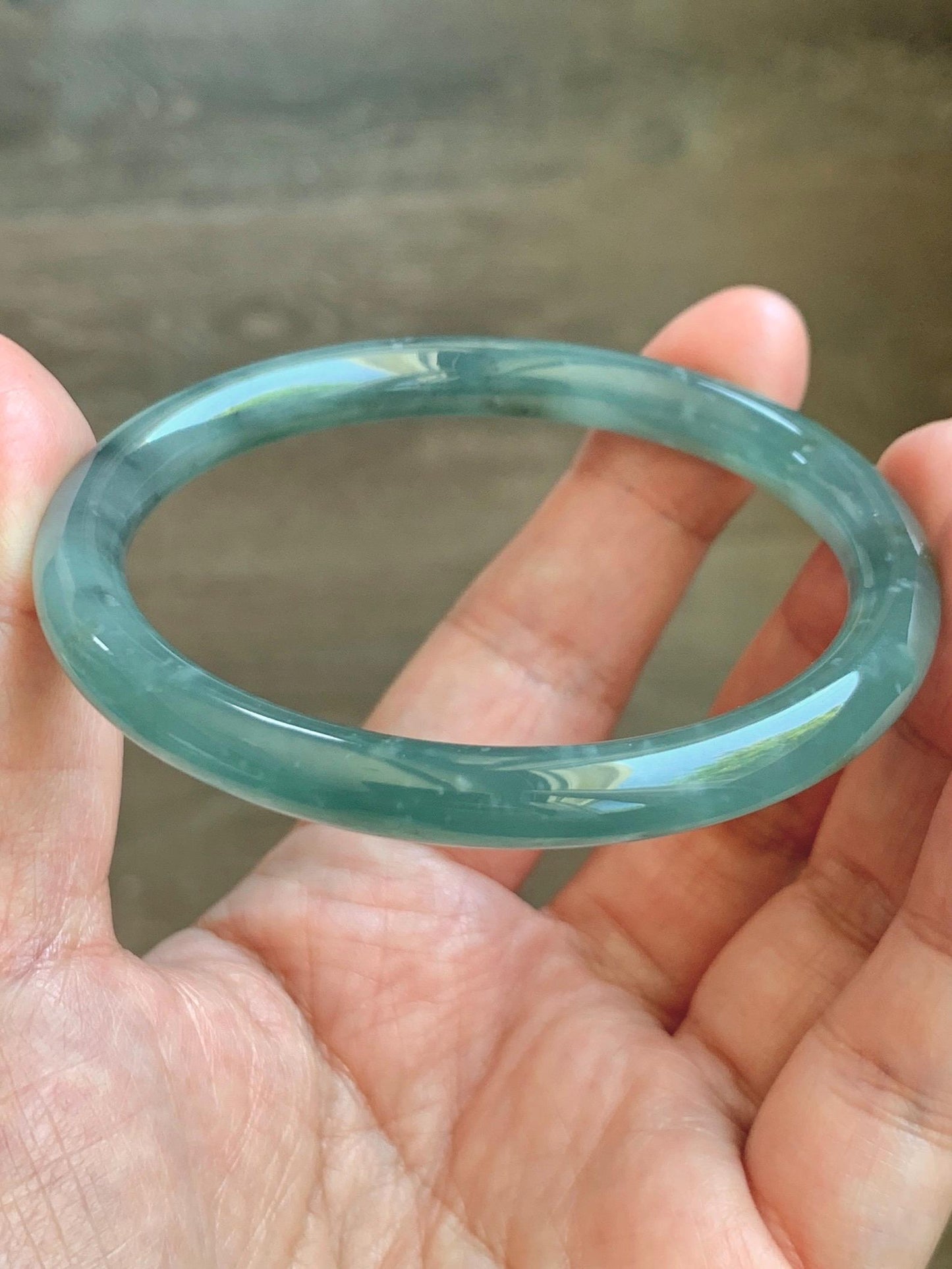 Certified Natural Grade A Guatemalan Icy Translucent Teal Green Wuji & Yellow Marbled Jade Jadeite Bangle 57.8mm 7.14” 天然冰胶危绿乌鸡撒金翡翠圆条手镯 1184