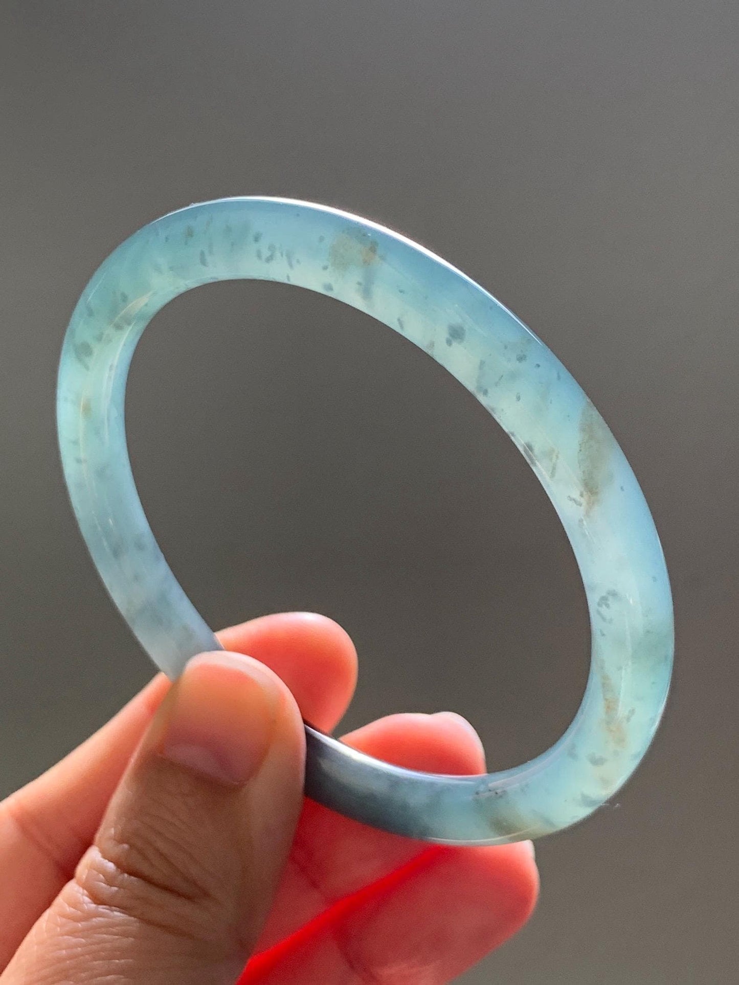 Certified Natural Grade A Guatemalan Icy Translucent Teal Green Wuji & Yellow Marbled Jade Jadeite Bangle 57.8mm 7.14” 天然冰胶危绿乌鸡撒金翡翠圆条手镯 1184