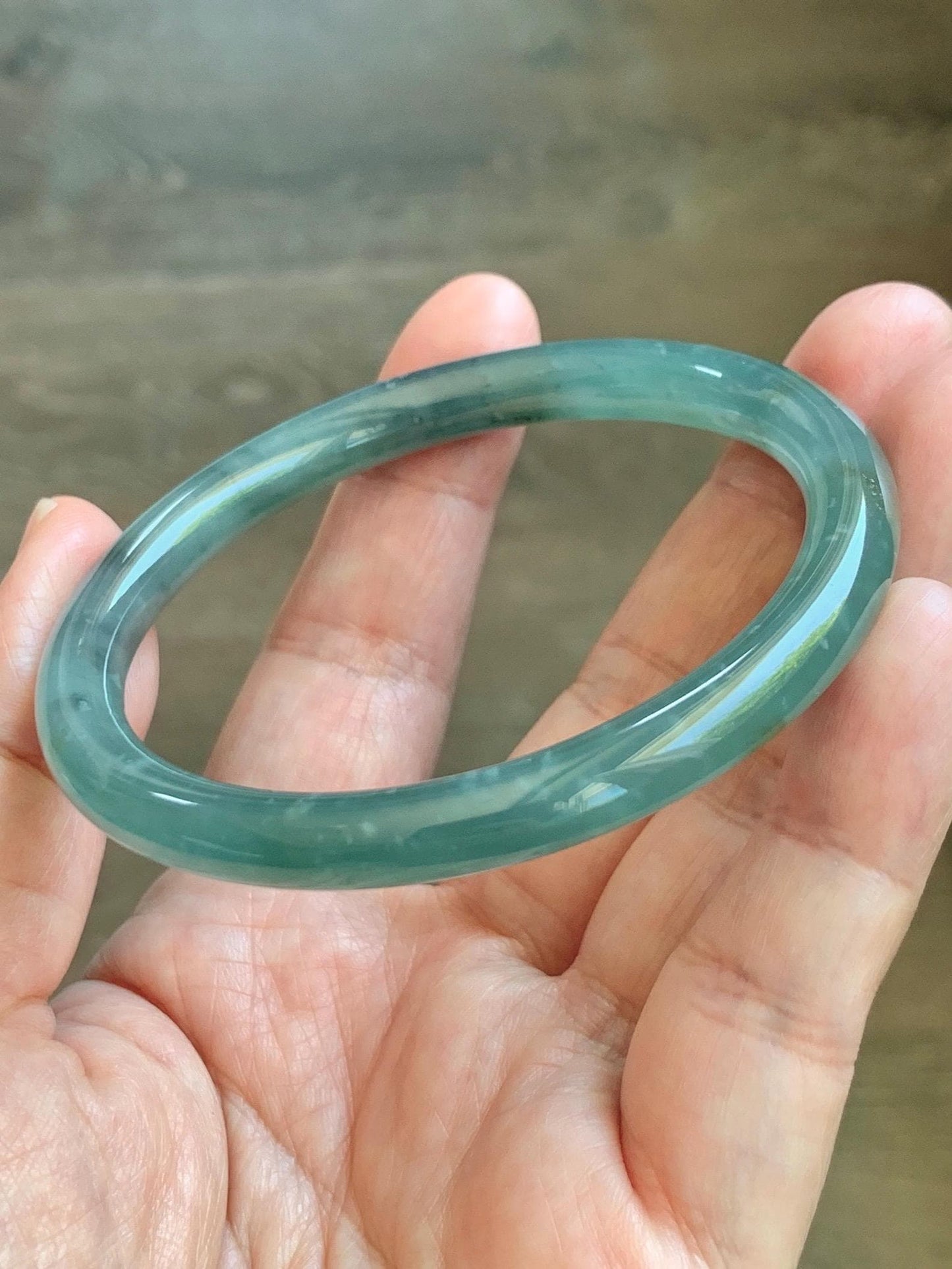 Certified Natural Grade A Guatemalan Icy Translucent Teal Green Wuji & Yellow Marbled Jade Jadeite Bangle 57.8mm 7.14” 天然冰胶危绿乌鸡撒金翡翠圆条手镯 1184