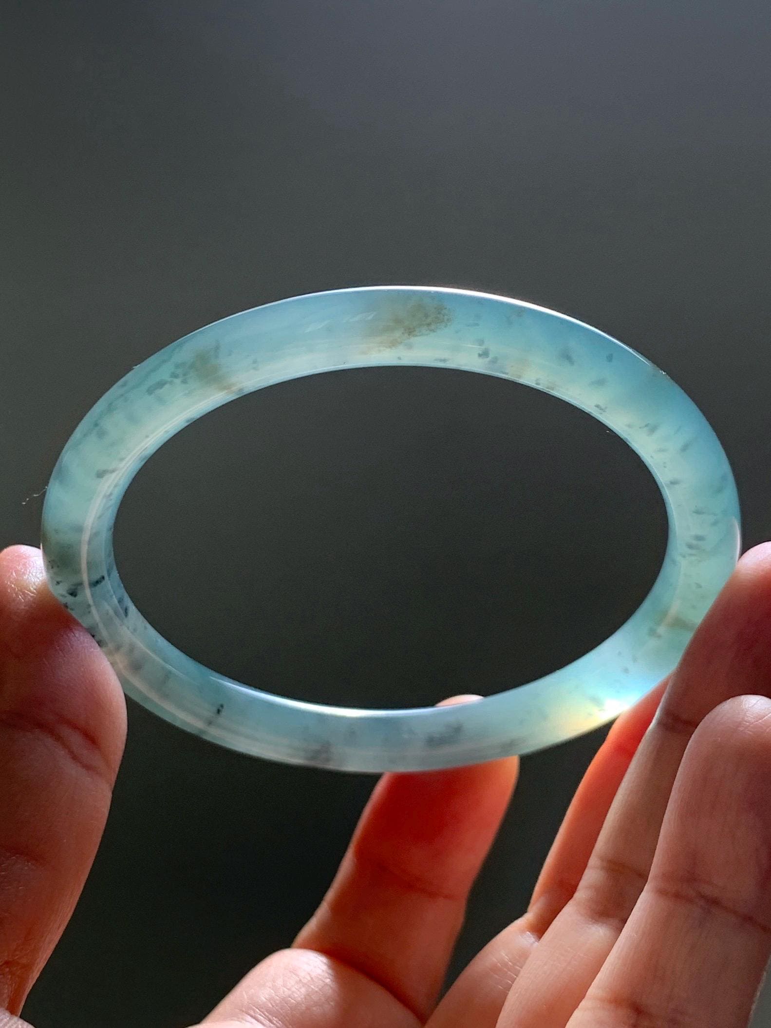 Certified Natural Grade A Guatemalan Icy Translucent Teal Green Wuji & Yellow Marbled Jade Jadeite Bangle 57.8mm 7.14” 天然冰胶危绿乌鸡撒金翡翠圆条手镯 1184
