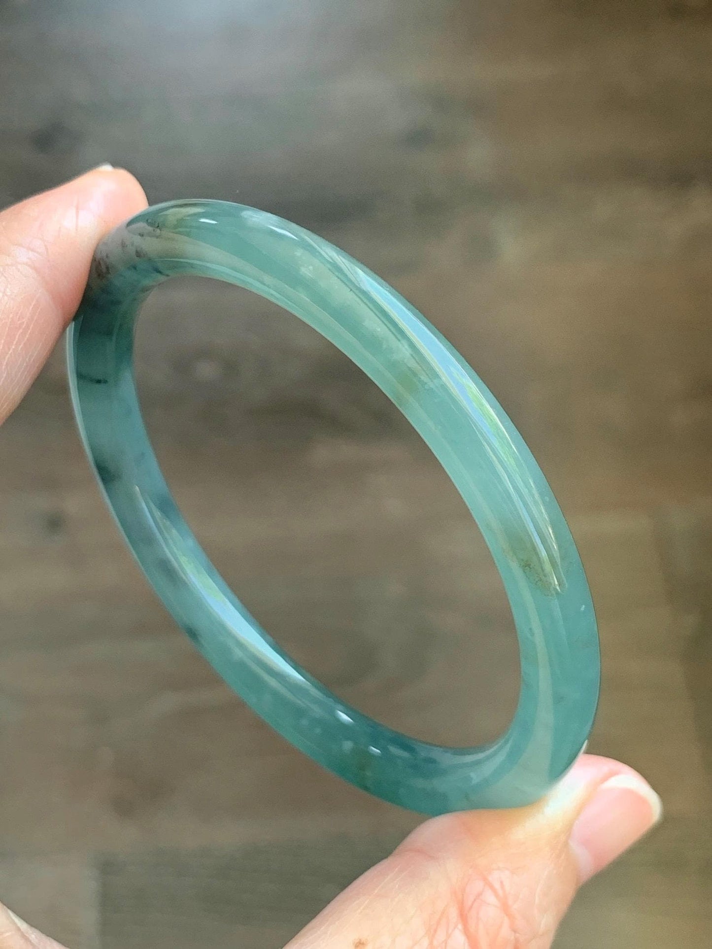 Certified Natural Grade A Guatemalan Icy Translucent Teal Green Wuji & Yellow Marbled Jade Jadeite Bangle 57.8mm 7.14” 天然冰胶危绿乌鸡撒金翡翠圆条手镯 1184
