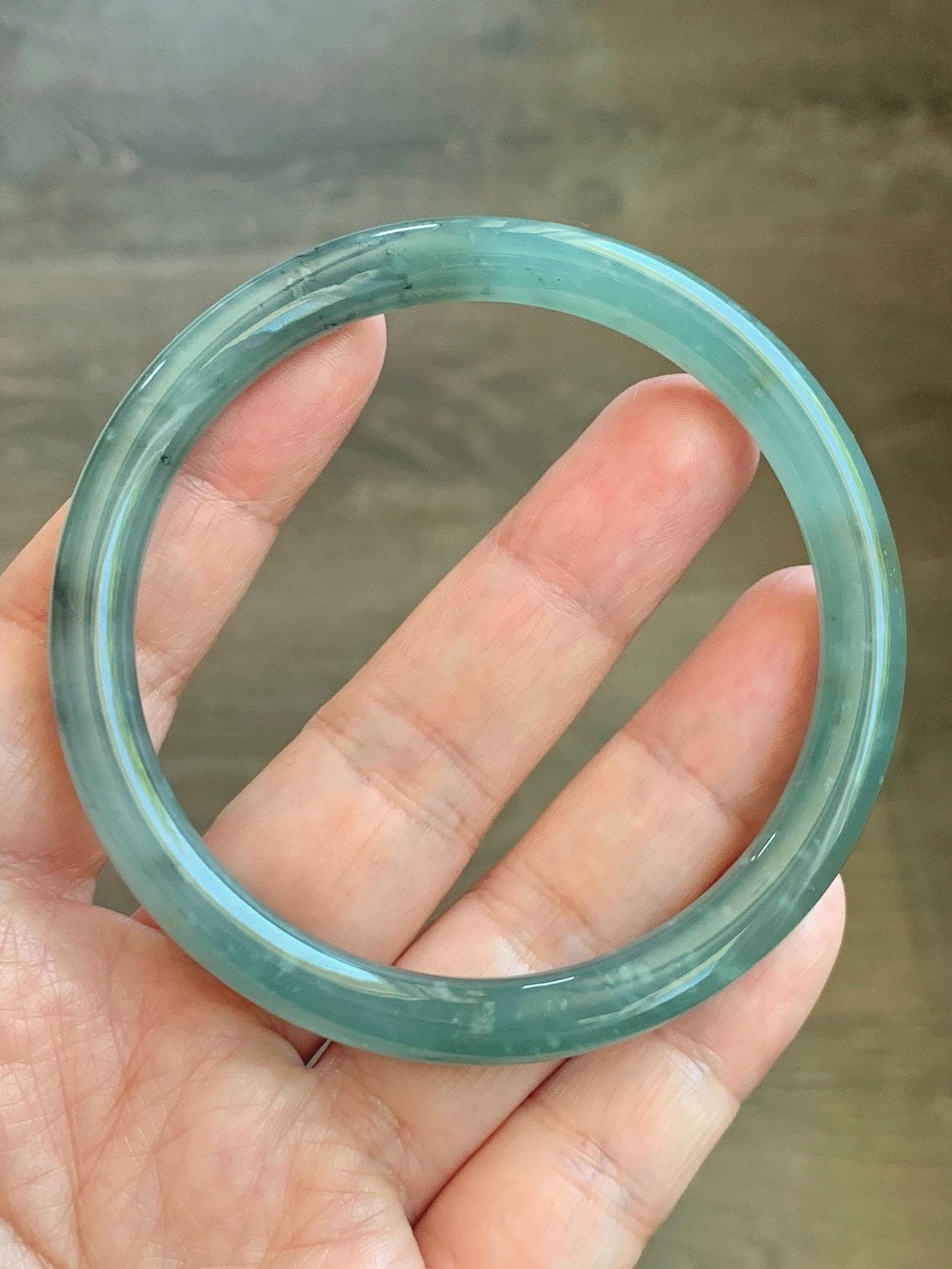 Certified Natural Grade A Guatemalan Icy Translucent Teal Green Wuji & Yellow Marbled Jade Jadeite Bangle 57.8mm 7.14” 天然冰胶危绿乌鸡撒金翡翠圆条手镯 1184