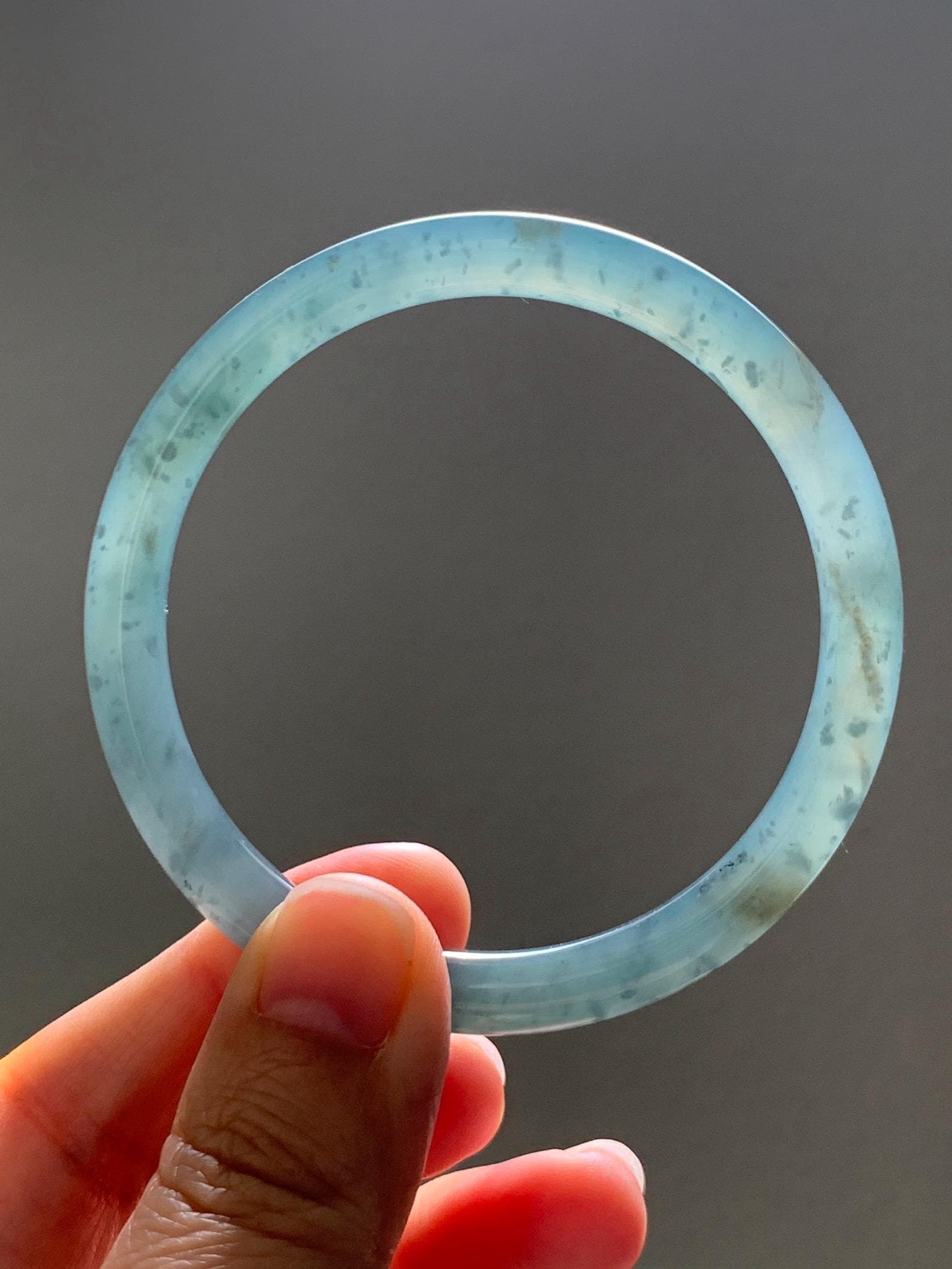 Certified Natural Grade A Guatemalan Icy Translucent Teal Green Wuji & Yellow Marbled Jade Jadeite Bangle 57.8mm 7.14” 天然冰胶危绿乌鸡撒金翡翠圆条手镯 1184