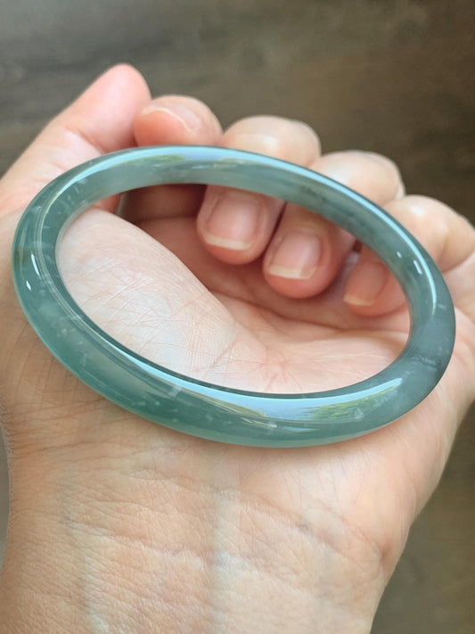 Certified Natural Grade A Guatemalan Icy Translucent Teal Green Wuji & Yellow Marbled Jade Jadeite Bangle 57.8mm 7.14” 天然冰胶危绿乌鸡撒金翡翠圆条手镯 1184