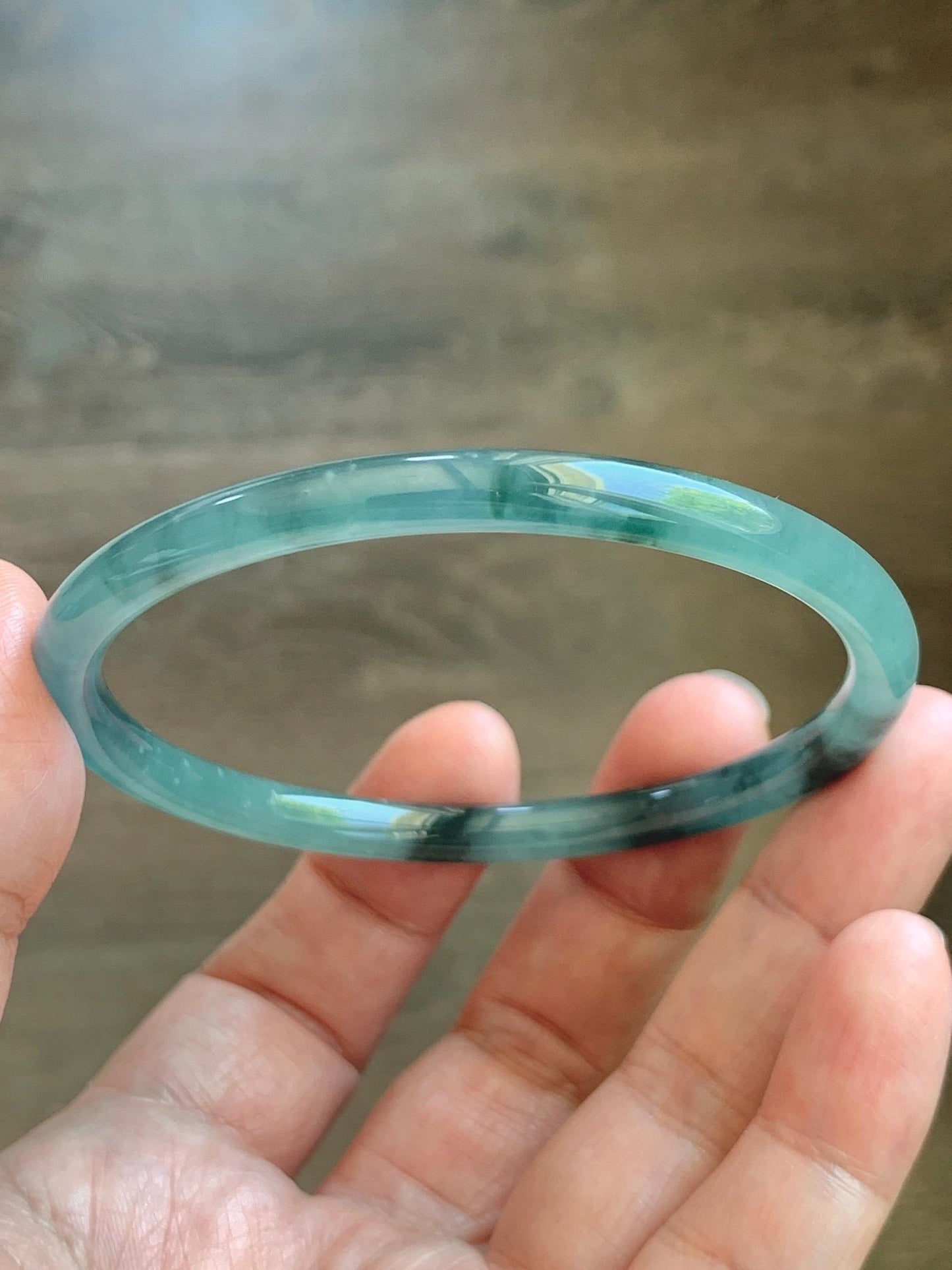 Certified Natural Grade A Guatemalan Icy Translucent Dusty Teal Green Wuji Jade Jadeite Slim Bangle 60.26mm 7.45” 17g 天然冰胶危蓝绿乌鸡翡翠细圆条手镯 1192
