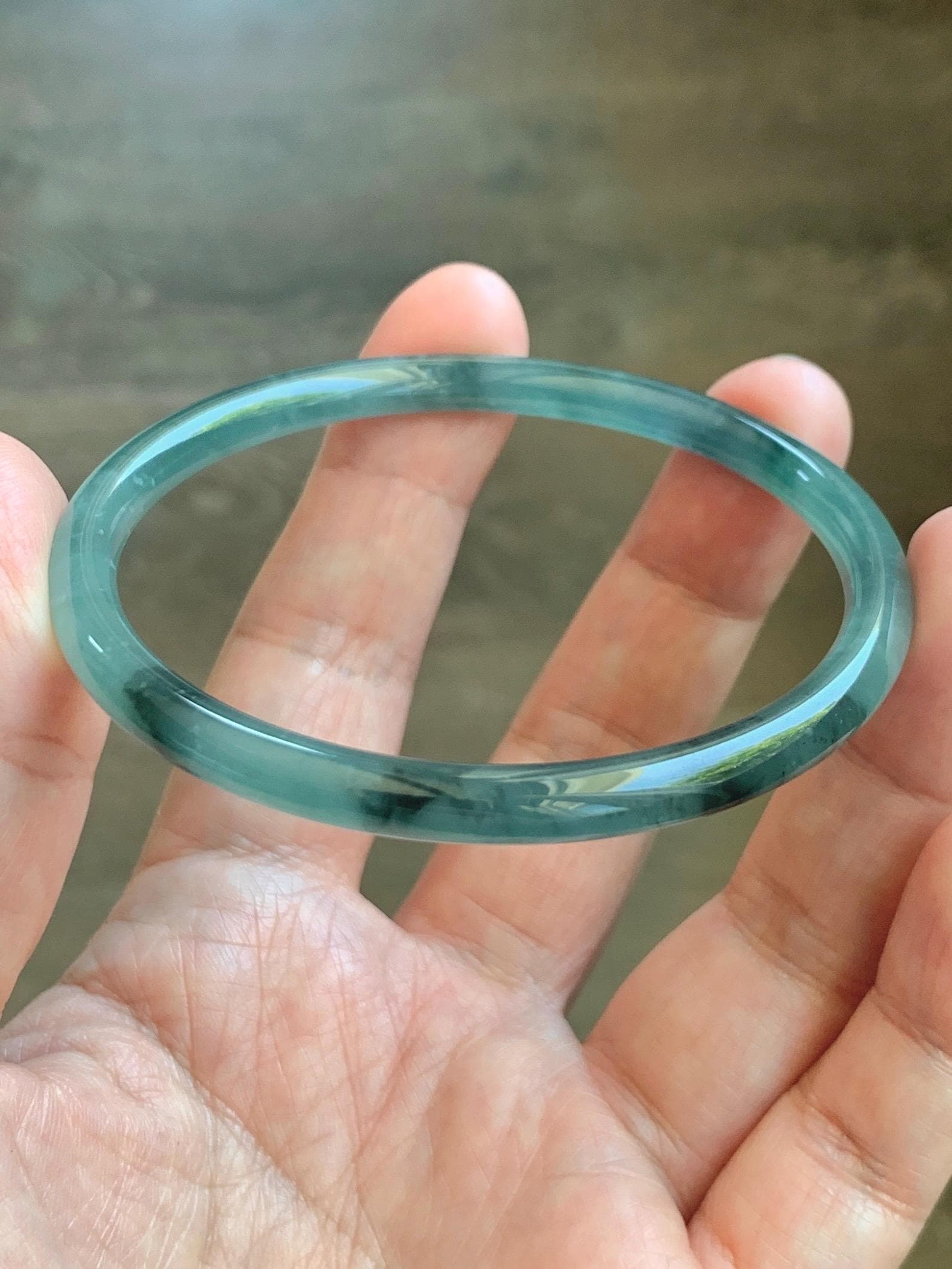 Certified Natural Grade A Guatemalan Icy Translucent Dusty Teal Green Wuji Jade Jadeite Slim Bangle 60.26mm 7.45” 17g 天然冰胶危蓝绿乌鸡翡翠细圆条手镯 1192