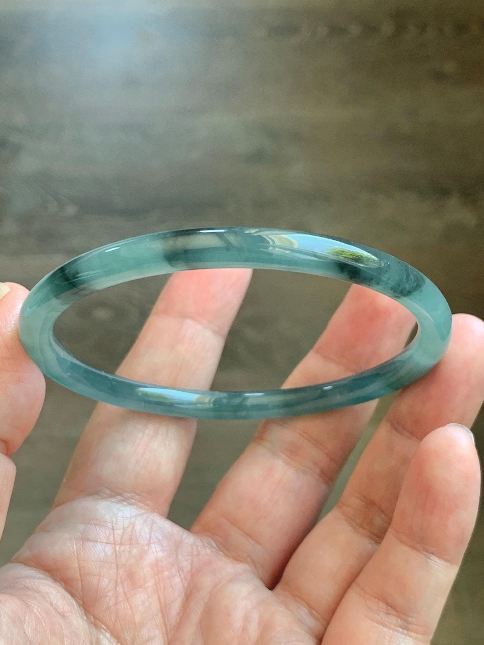 Certified Natural Grade A Guatemalan Icy Translucent Dusty Teal Green Wuji Jade Jadeite Slim Bangle 60.26mm 7.45” 17g 天然冰胶危蓝绿乌鸡翡翠细圆条手镯 1192