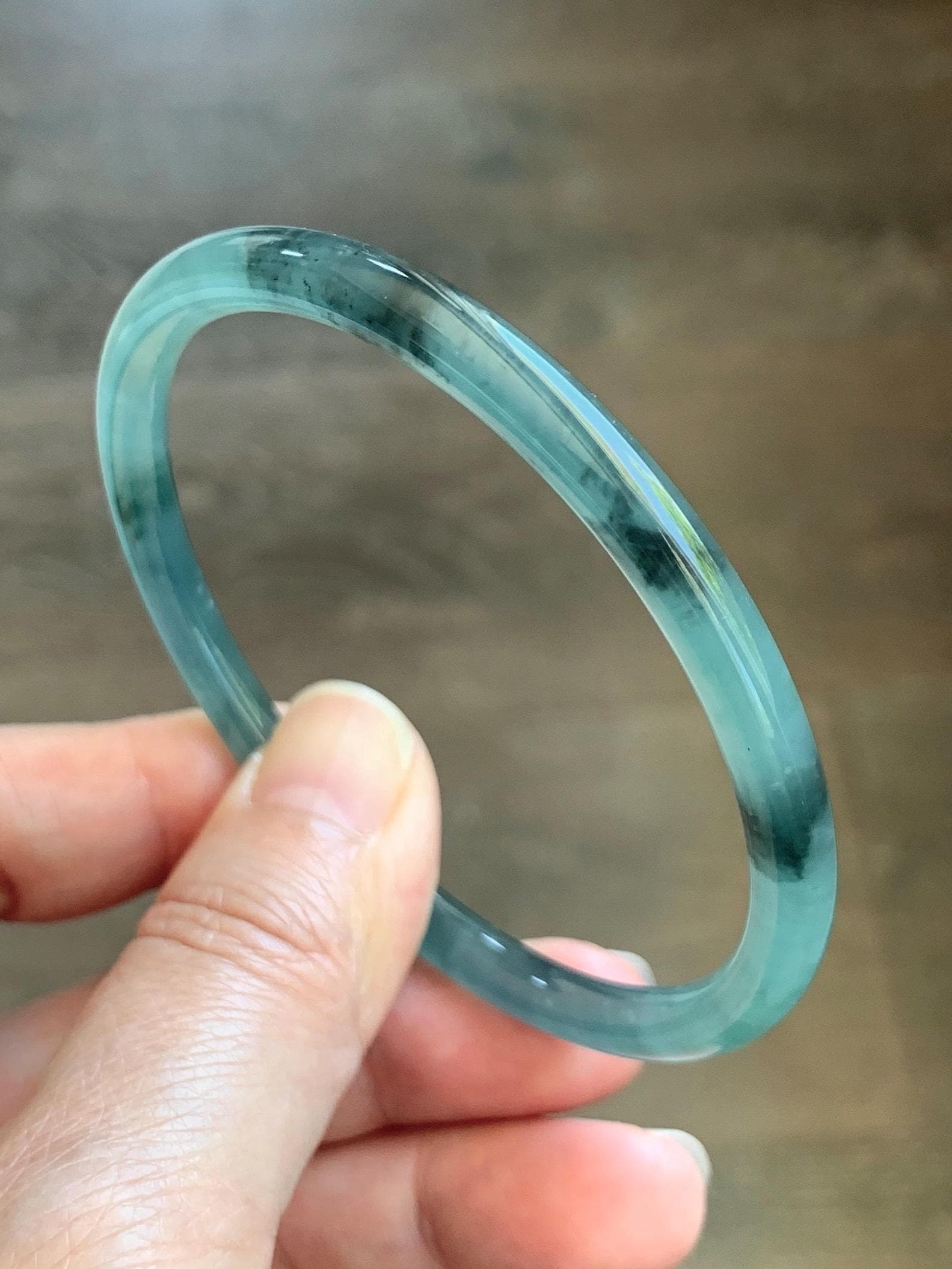 Certified Natural Grade A Guatemalan Icy Translucent Dusty Teal Green Wuji Jade Jadeite Slim Bangle 60.26mm 7.45” 17g 天然冰胶危蓝绿乌鸡翡翠细圆条手镯 1192