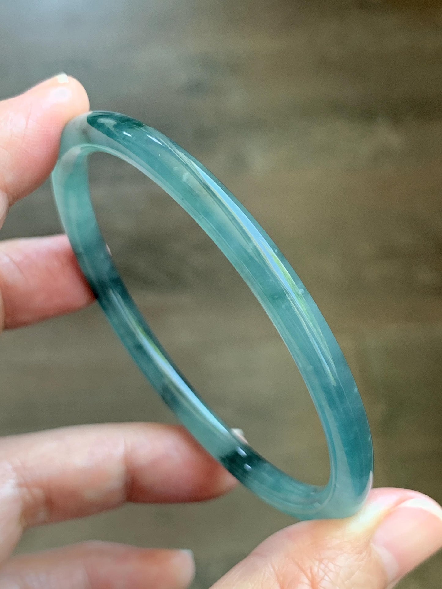 Certified Natural Grade A Guatemalan Icy Translucent Dusty Teal Green Wuji Jade Jadeite Slim Bangle 60.26mm 7.45” 17g 天然冰胶危蓝绿乌鸡翡翠细圆条手镯 1192