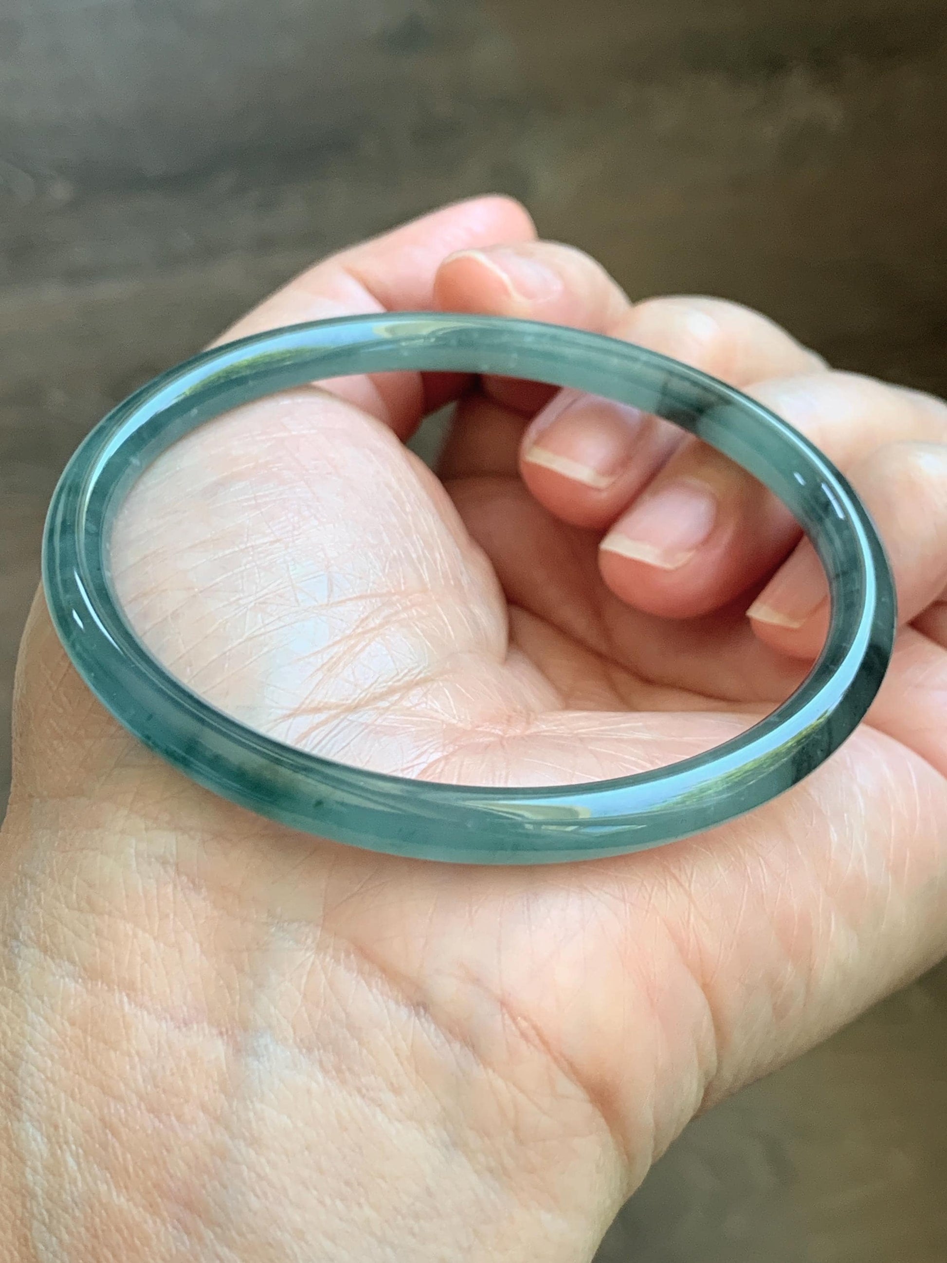 Certified Natural Grade A Guatemalan Icy Translucent Dusty Teal Green Wuji Jade Jadeite Slim Bangle 60.26mm 7.45” 17g 天然冰胶危蓝绿乌鸡翡翠细圆条手镯 1192