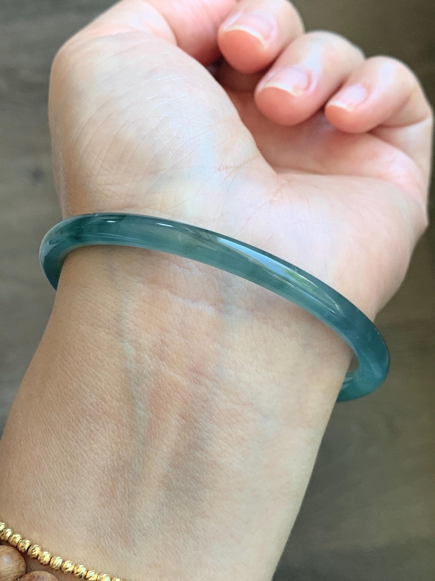 Certified Natural Grade A Guatemalan Icy Translucent Dusty Teal Green Wuji Jade Jadeite Slim Bangle 60.26mm 7.45” 17g 天然冰胶危蓝绿乌鸡翡翠细圆条手镯 1192