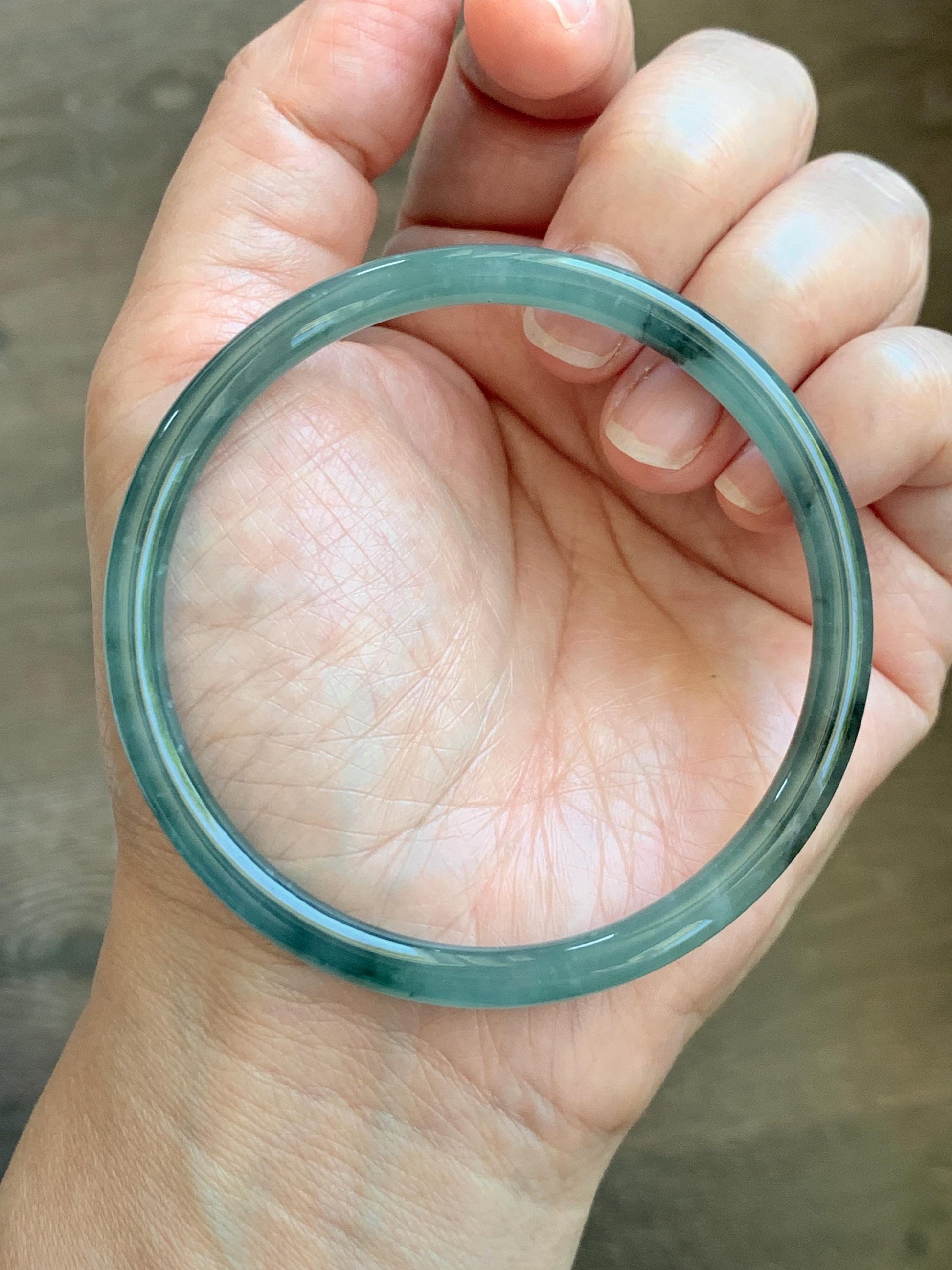 Certified Natural Grade A Guatemalan Icy Translucent Dusty Teal Green Wuji Jade Jadeite Slim Bangle 60.26mm 7.45” 17g 天然冰胶危蓝绿乌鸡翡翠细圆条手镯 1192