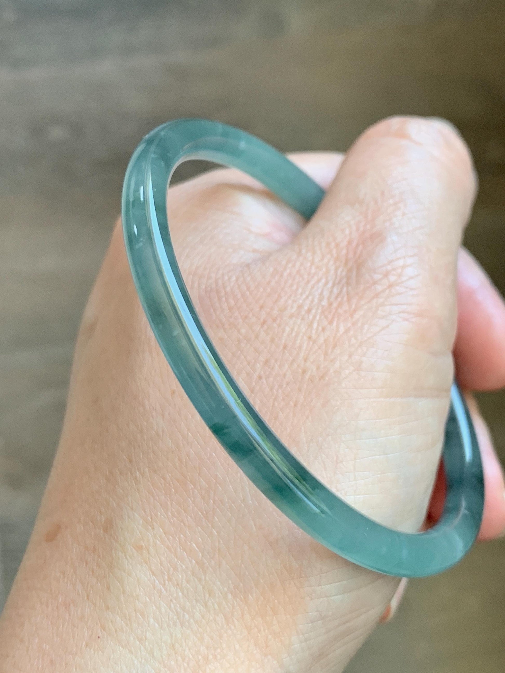 Certified Natural Grade A Guatemalan Icy Translucent Dusty Teal Green Wuji Jade Jadeite Slim Bangle 60.26mm 7.45” 17g 天然冰胶危蓝绿乌鸡翡翠细圆条手镯 1192