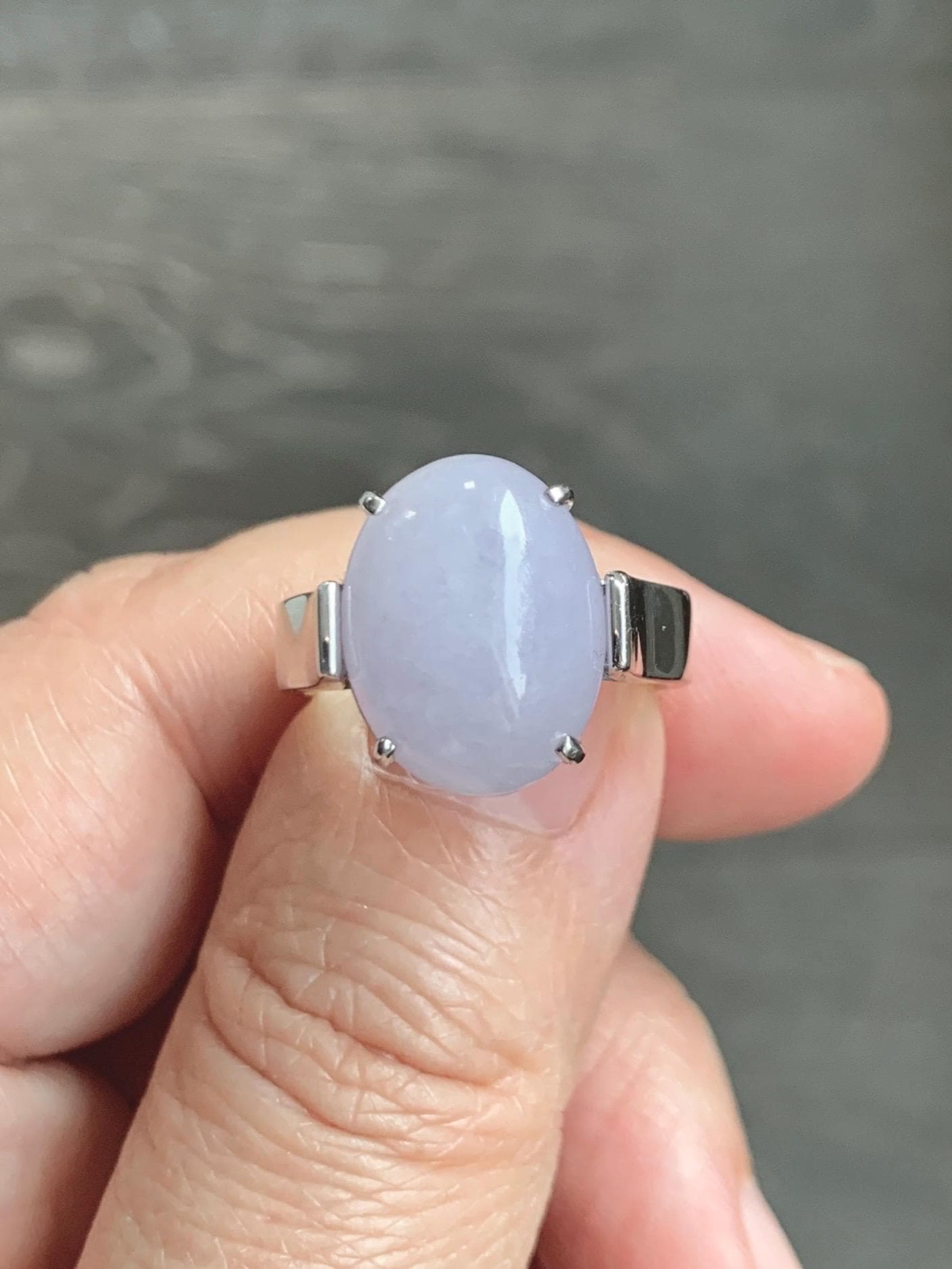 Certified Natural Grade A Icy Translucent Light Purple Large Oval Jade Jadeite Ring Sterling Silver size 7.25 US 6.07g 天然冰淡紫翡翠镶嵌戒指 245