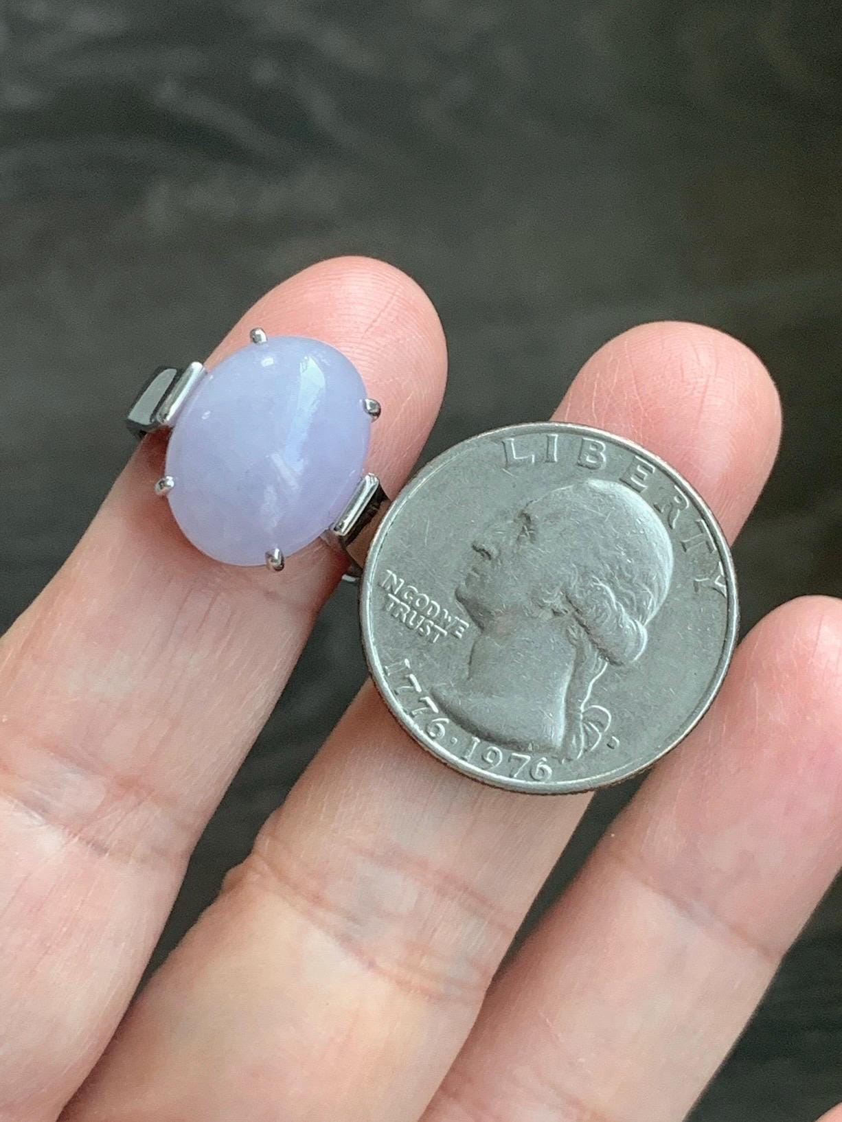 Certified Natural Grade A Icy Translucent Light Purple Large Oval Jade Jadeite Ring Sterling Silver size 7.25 US 6.07g 天然冰淡紫翡翠镶嵌戒指 245