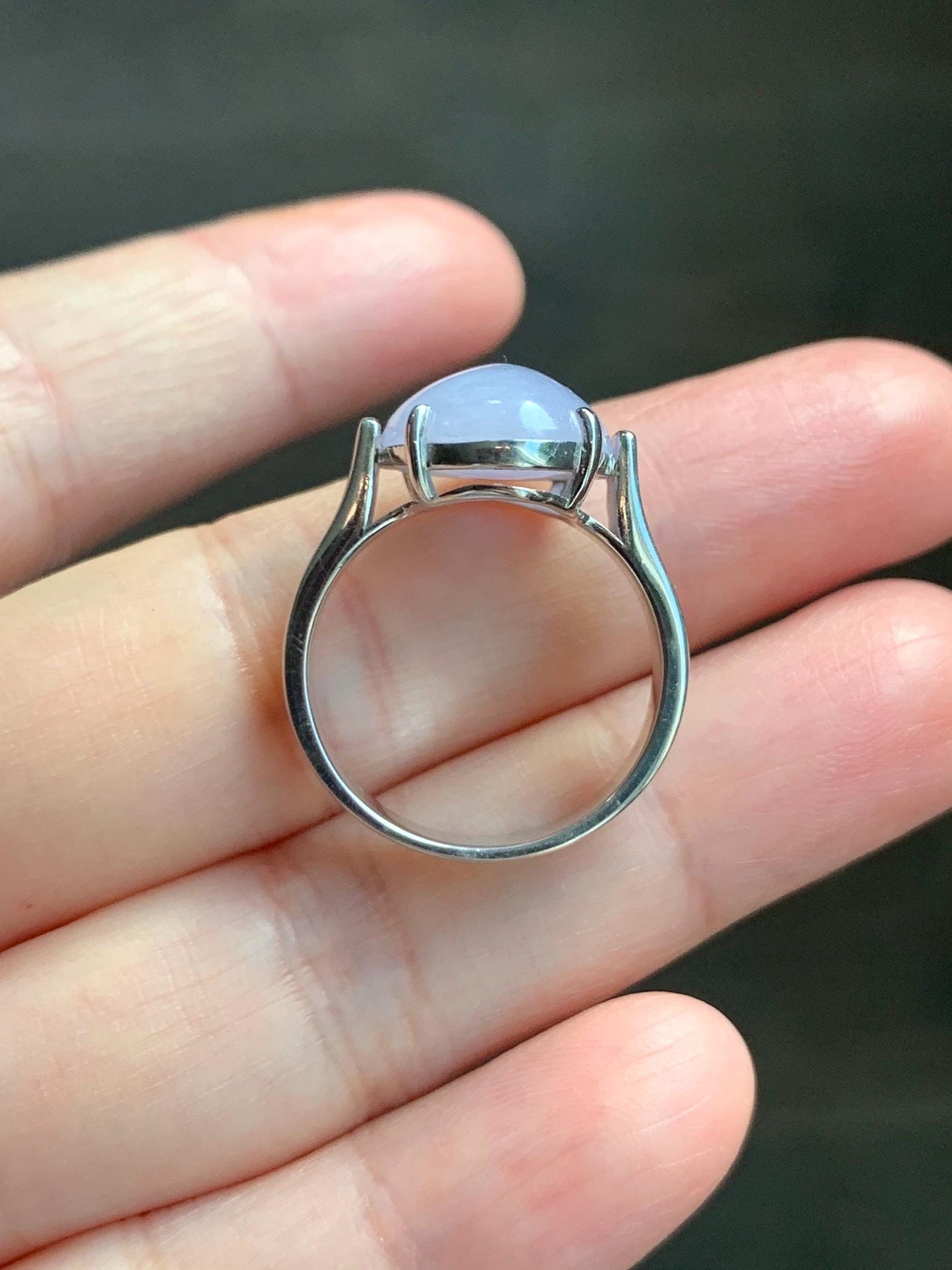 Certified Natural Grade A Icy Translucent Light Purple Large Oval Jade Jadeite Ring Sterling Silver size 7.25 US 6.07g 天然冰淡紫翡翠镶嵌戒指 245