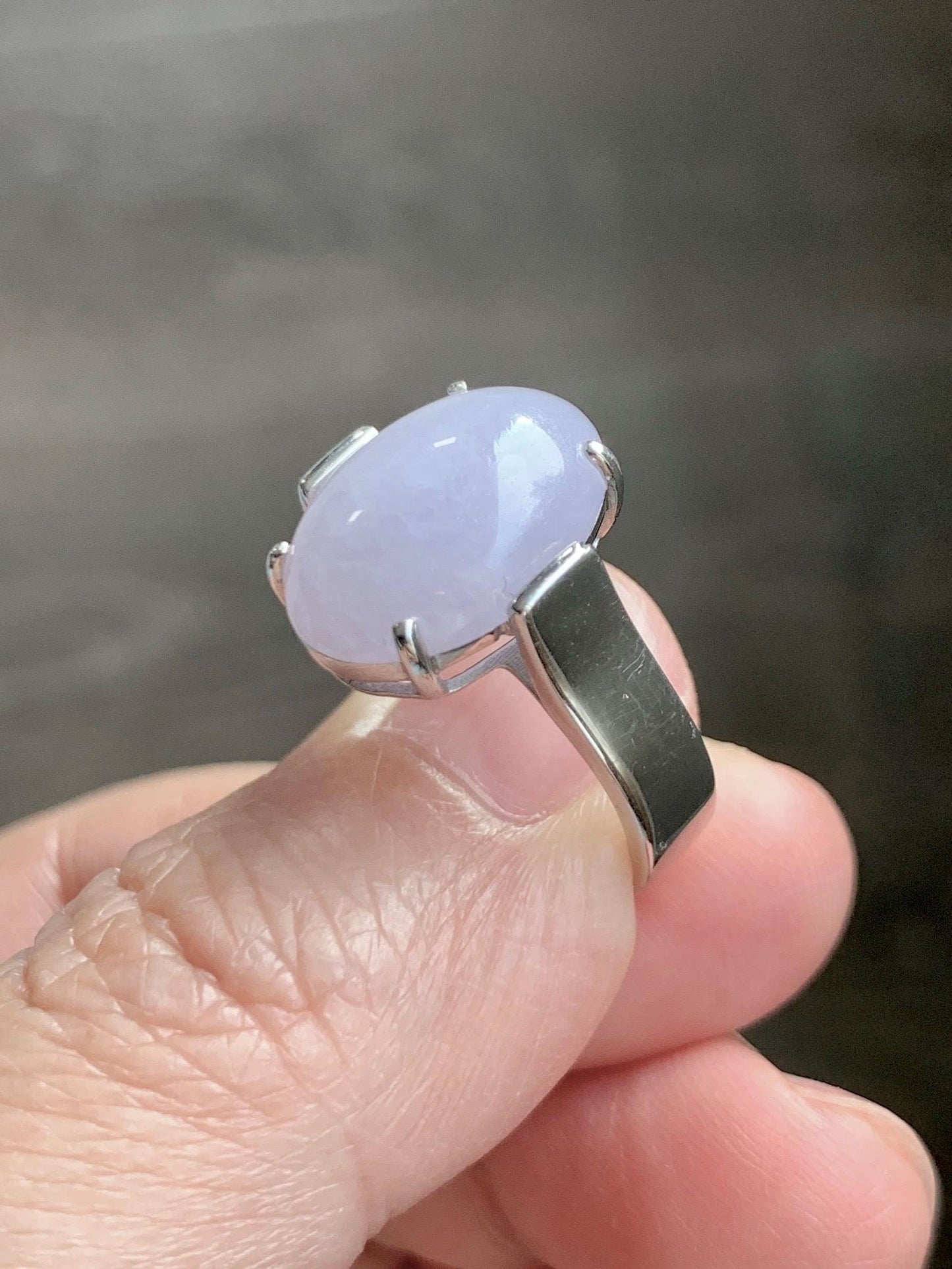 Certified Natural Grade A Icy Translucent Light Purple Large Oval Jade Jadeite Ring Sterling Silver size 7.25 US 6.07g 天然冰淡紫翡翠镶嵌戒指 245
