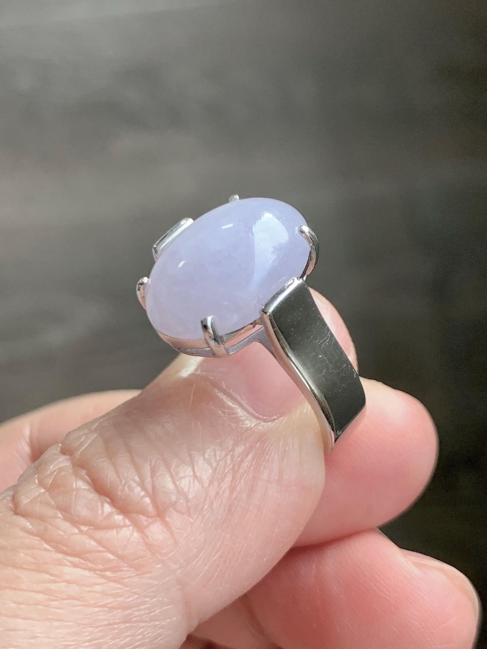Certified Natural Grade A Icy Translucent Light Purple Large Oval Jade Jadeite Ring Sterling Silver size 7.25 US 6.07g 天然冰淡紫翡翠镶嵌戒指 245