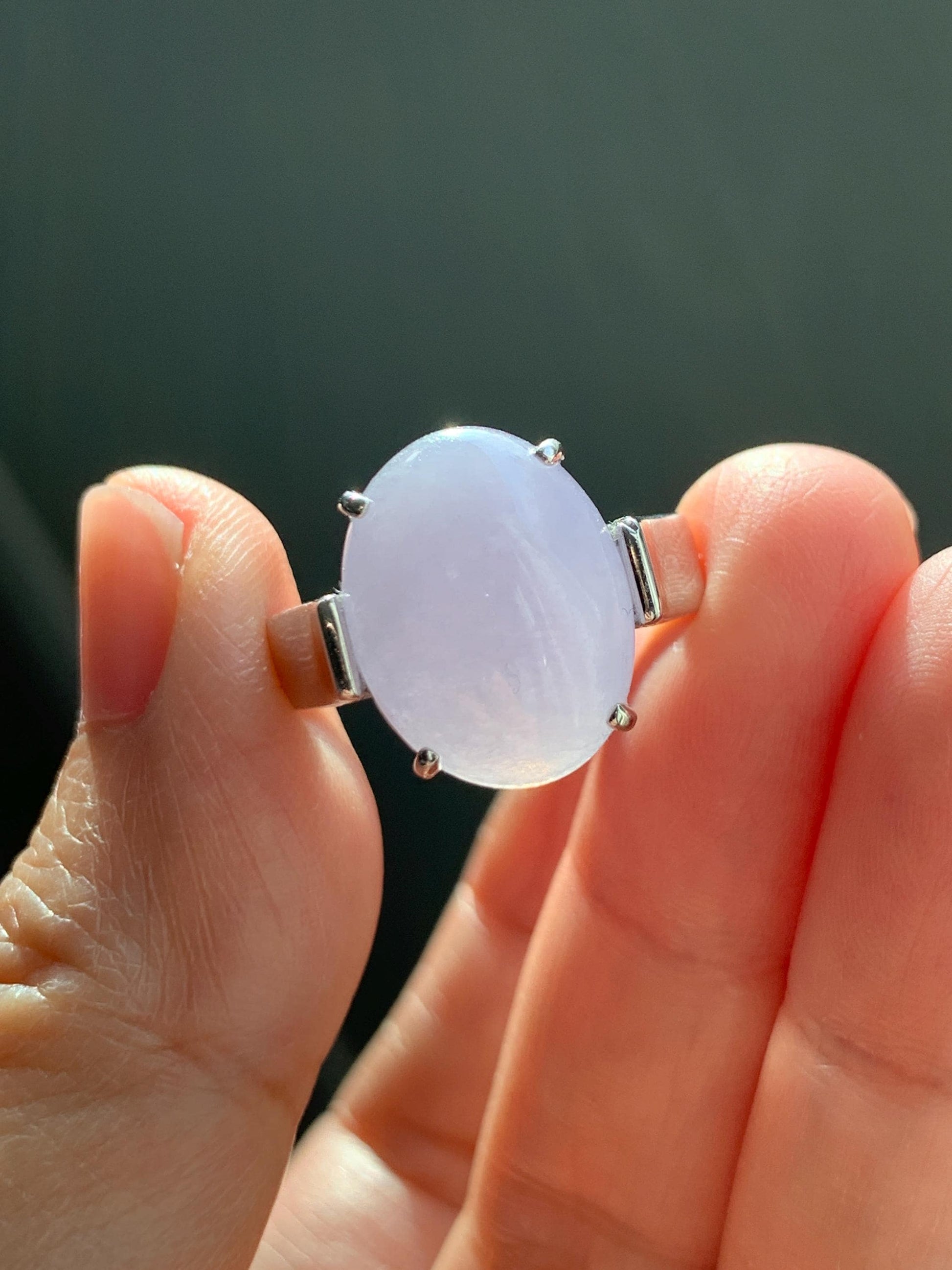 Certified Natural Grade A Icy Translucent Light Purple Large Oval Jade Jadeite Ring Sterling Silver size 7.25 US 6.07g 天然冰淡紫翡翠镶嵌戒指 245