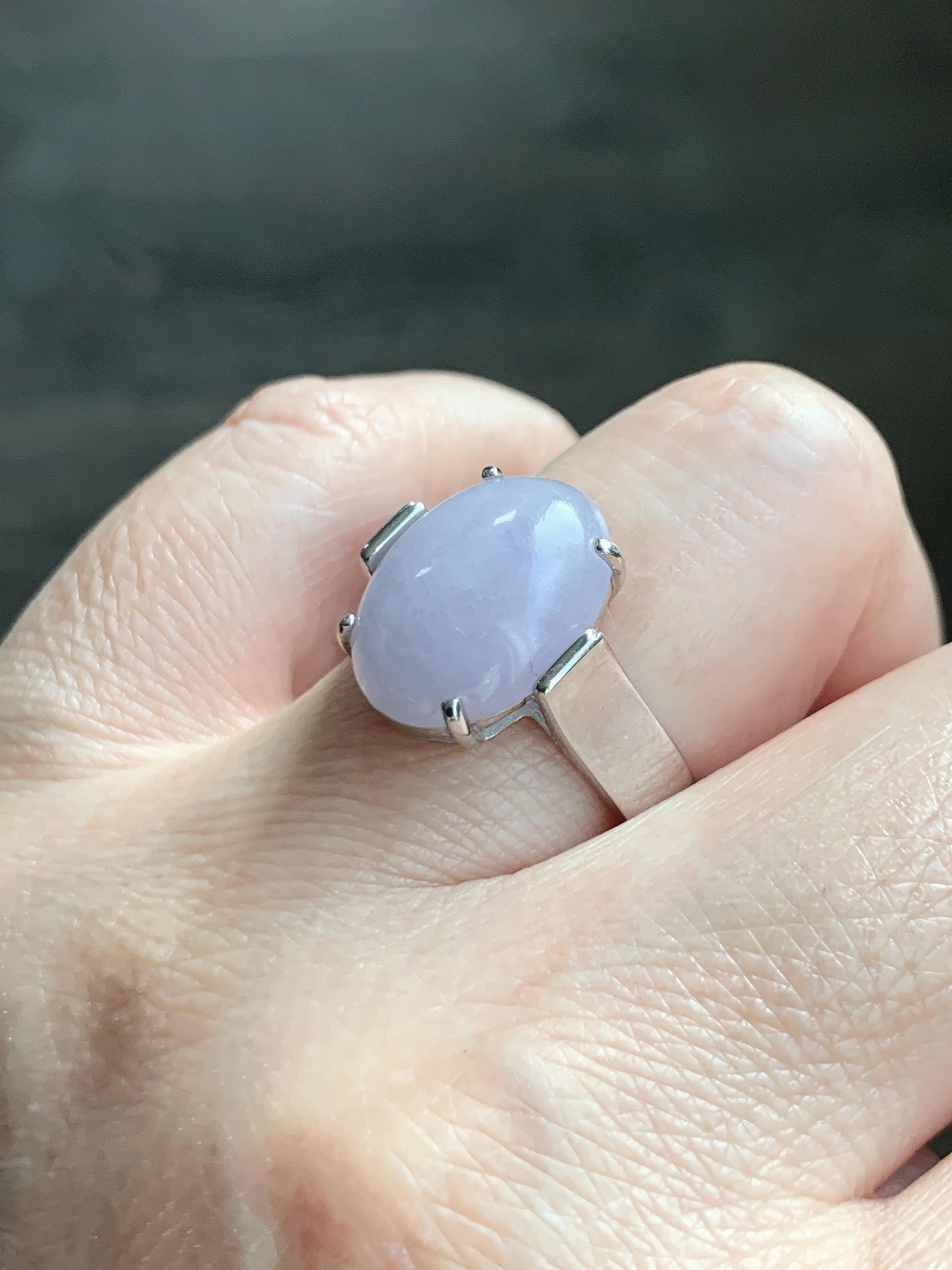 Certified Natural Grade A Icy Translucent Light Purple Large Oval Jade Jadeite Ring Sterling Silver size 7.25 US 6.07g 天然冰淡紫翡翠镶嵌戒指 245