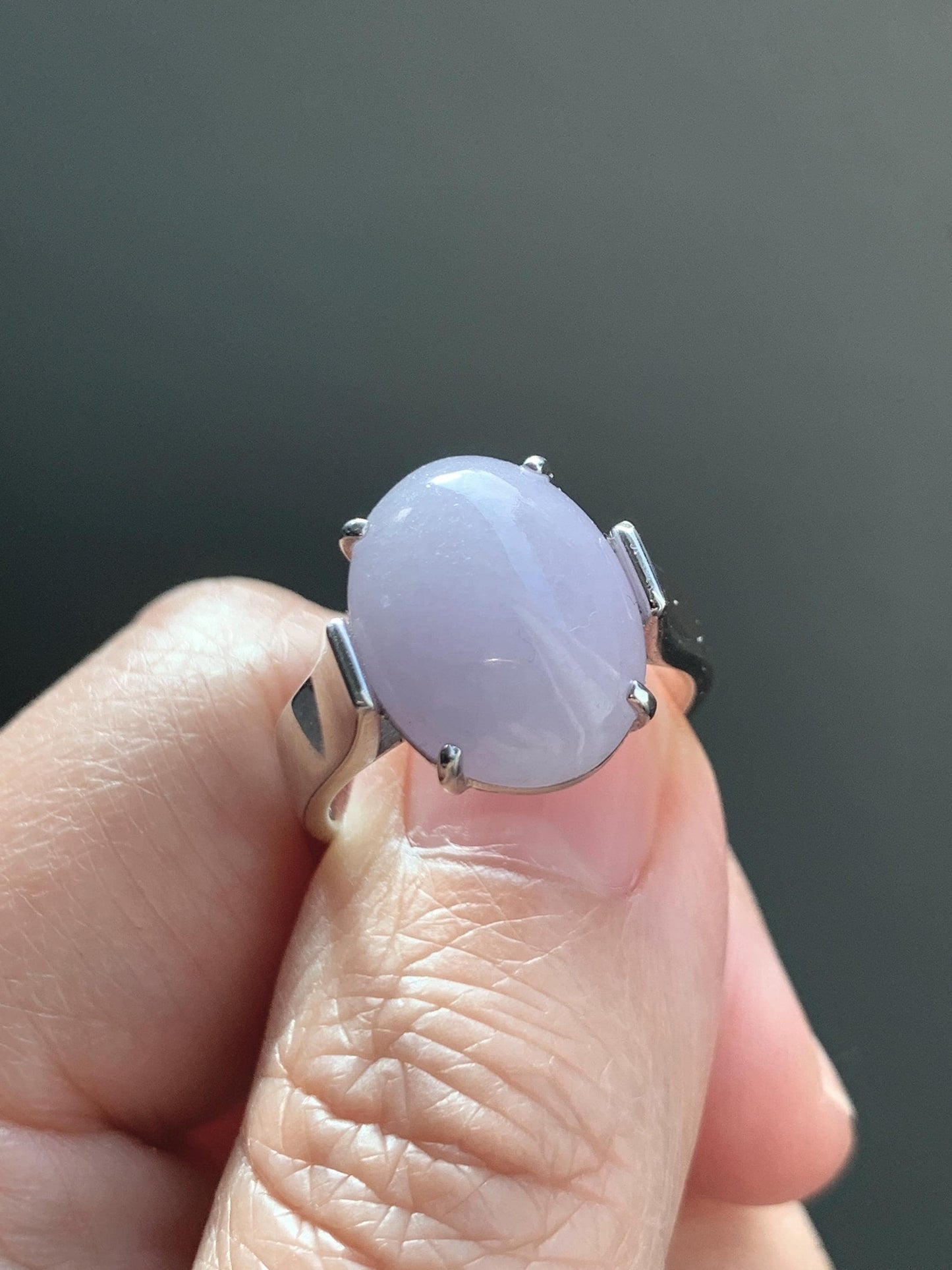 Certified Natural Grade A Icy Translucent Light Purple Large Oval Jade Jadeite Ring Sterling Silver size 7.25 US 6.07g 天然冰淡紫翡翠镶嵌戒指 245