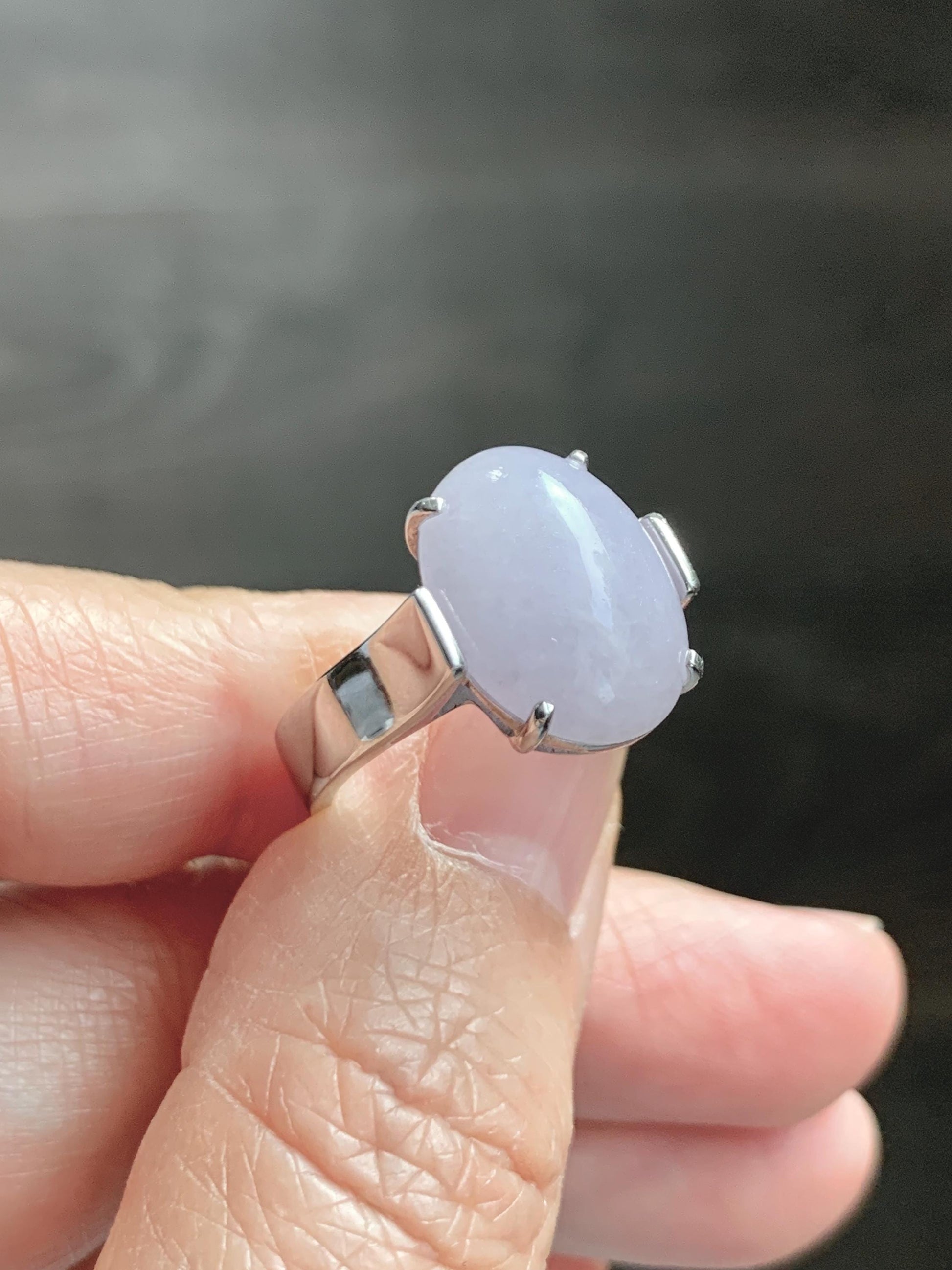 Certified Natural Grade A Icy Translucent Light Purple Large Oval Jade Jadeite Ring Sterling Silver size 7.25 US 6.07g 天然冰淡紫翡翠镶嵌戒指 245