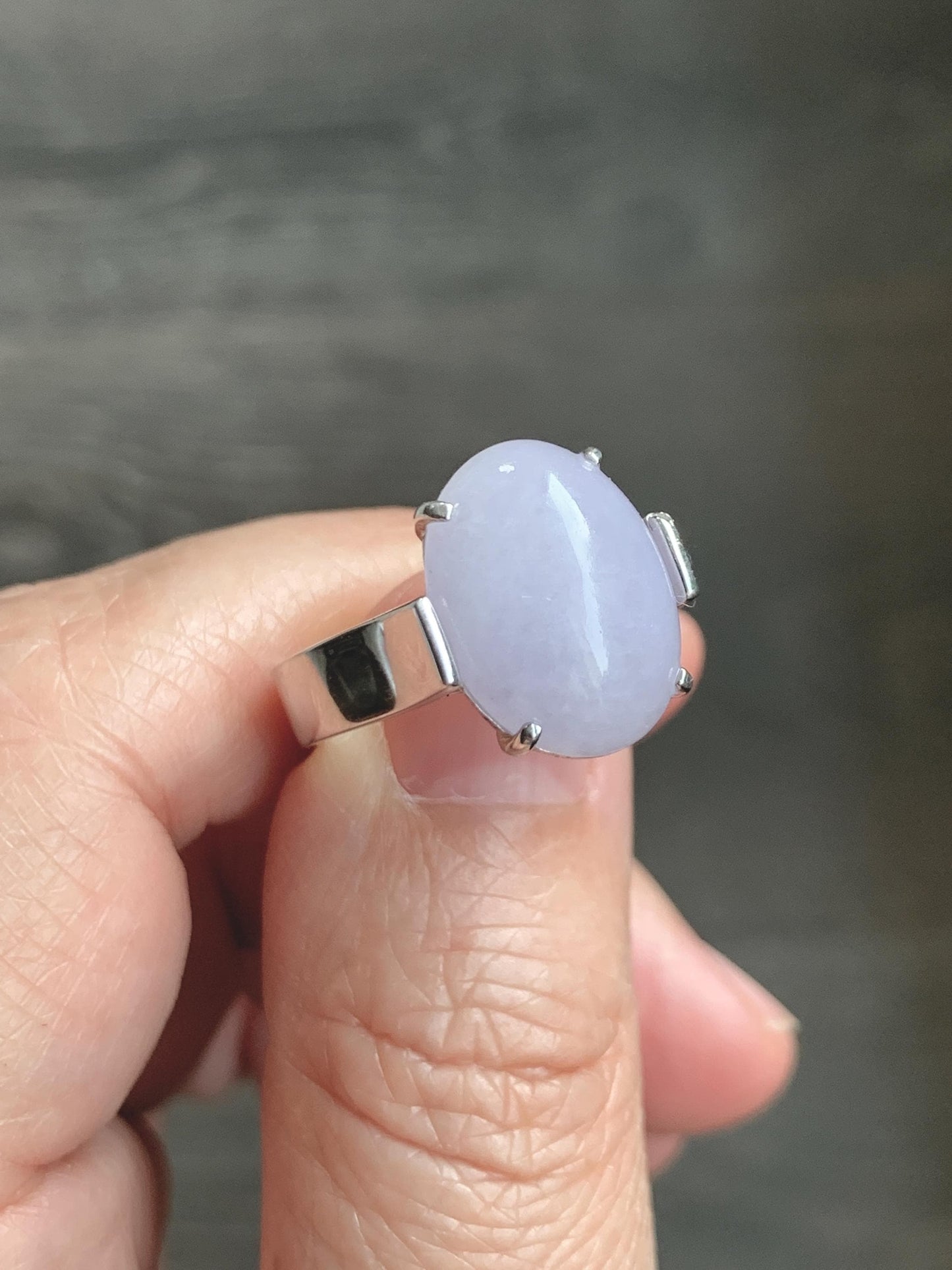 Certified Natural Grade A Icy Translucent Light Purple Large Oval Jade Jadeite Ring Sterling Silver size 7.25 US 6.07g 天然冰淡紫翡翠镶嵌戒指 245