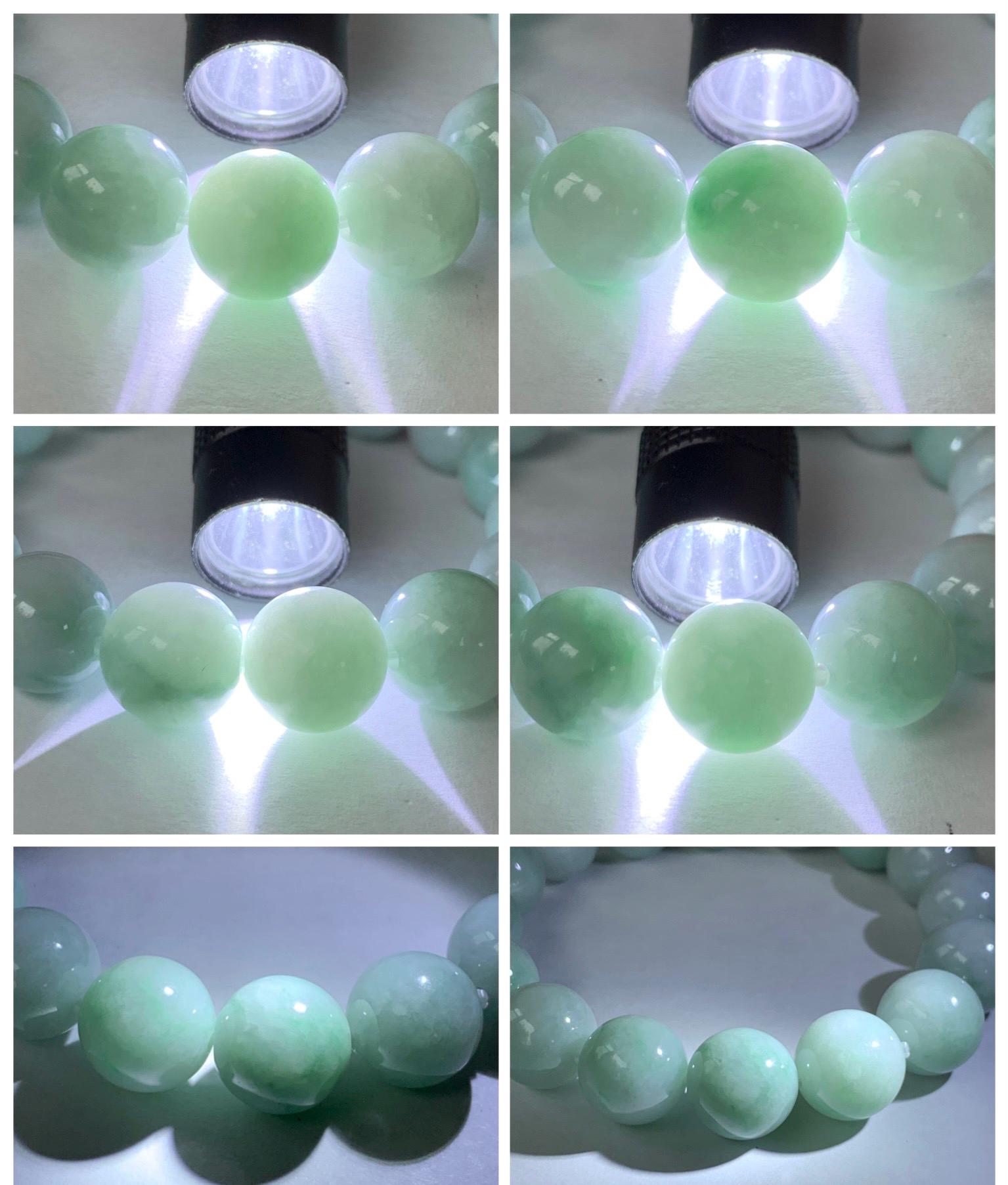 Large Natural Grade A Icy Translucent Pastel Green Marbled Jade Jadeite Beaded Bracelet 12.3mm 7.25" 52g 天然晴底飘花翡翠圆珠手串 MDP110C