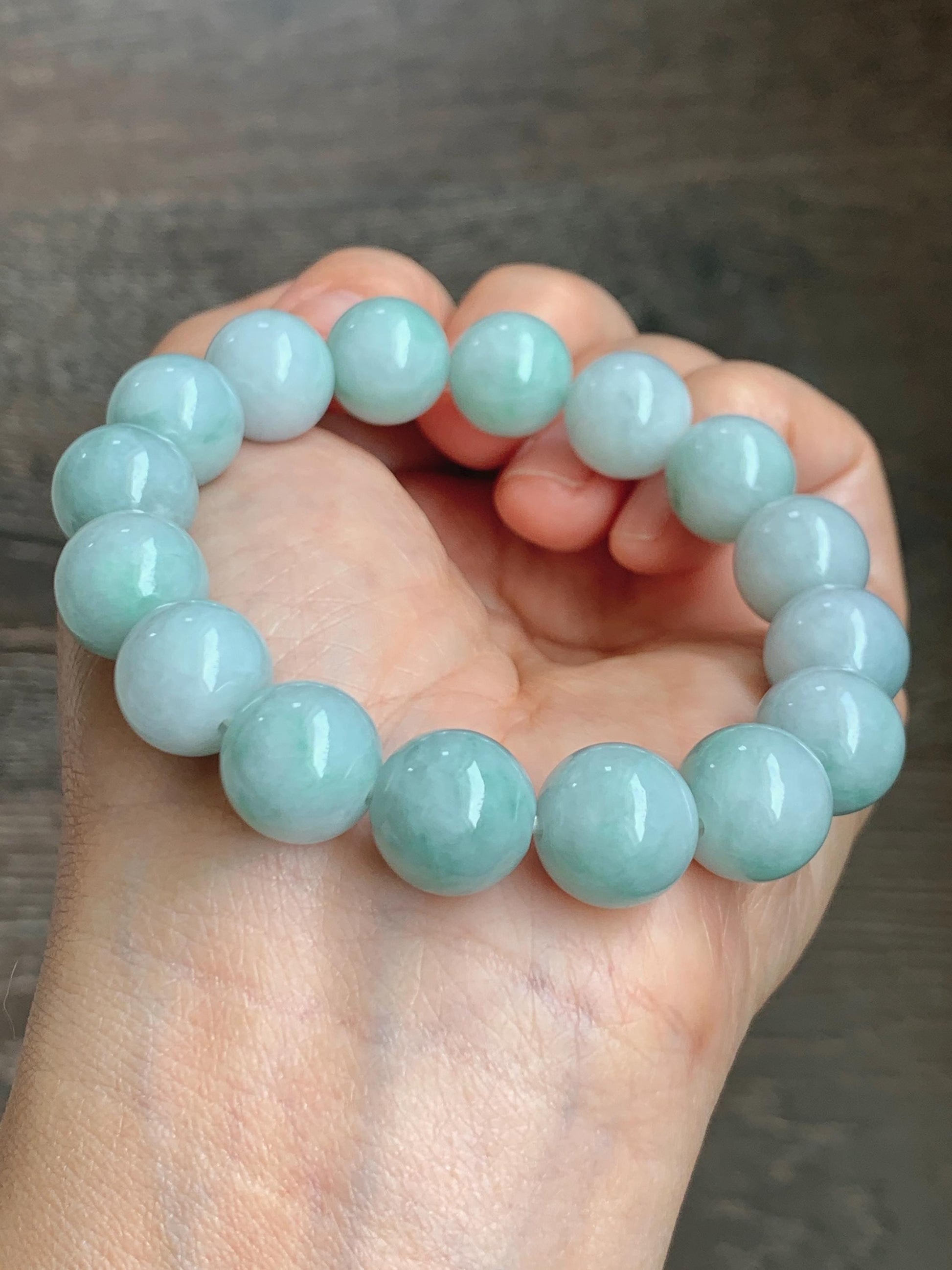 Large Natural Grade A Icy Translucent Pastel Green Marbled Jade Jadeite Beaded Bracelet 12.3mm 7.25" 52g 天然晴底飘花翡翠圆珠手串 MDP110C