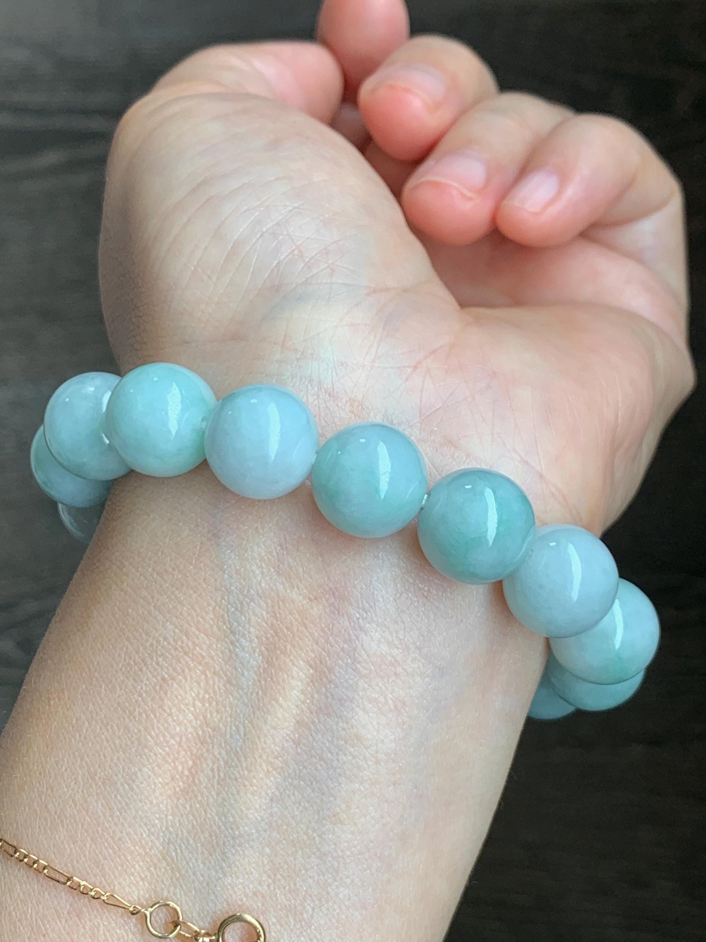 Large Natural Grade A Icy Translucent Pastel Green Marbled Jade Jadeite Beaded Bracelet 12.3mm 7.25" 52g 天然晴底飘花翡翠圆珠手串 MDP110C