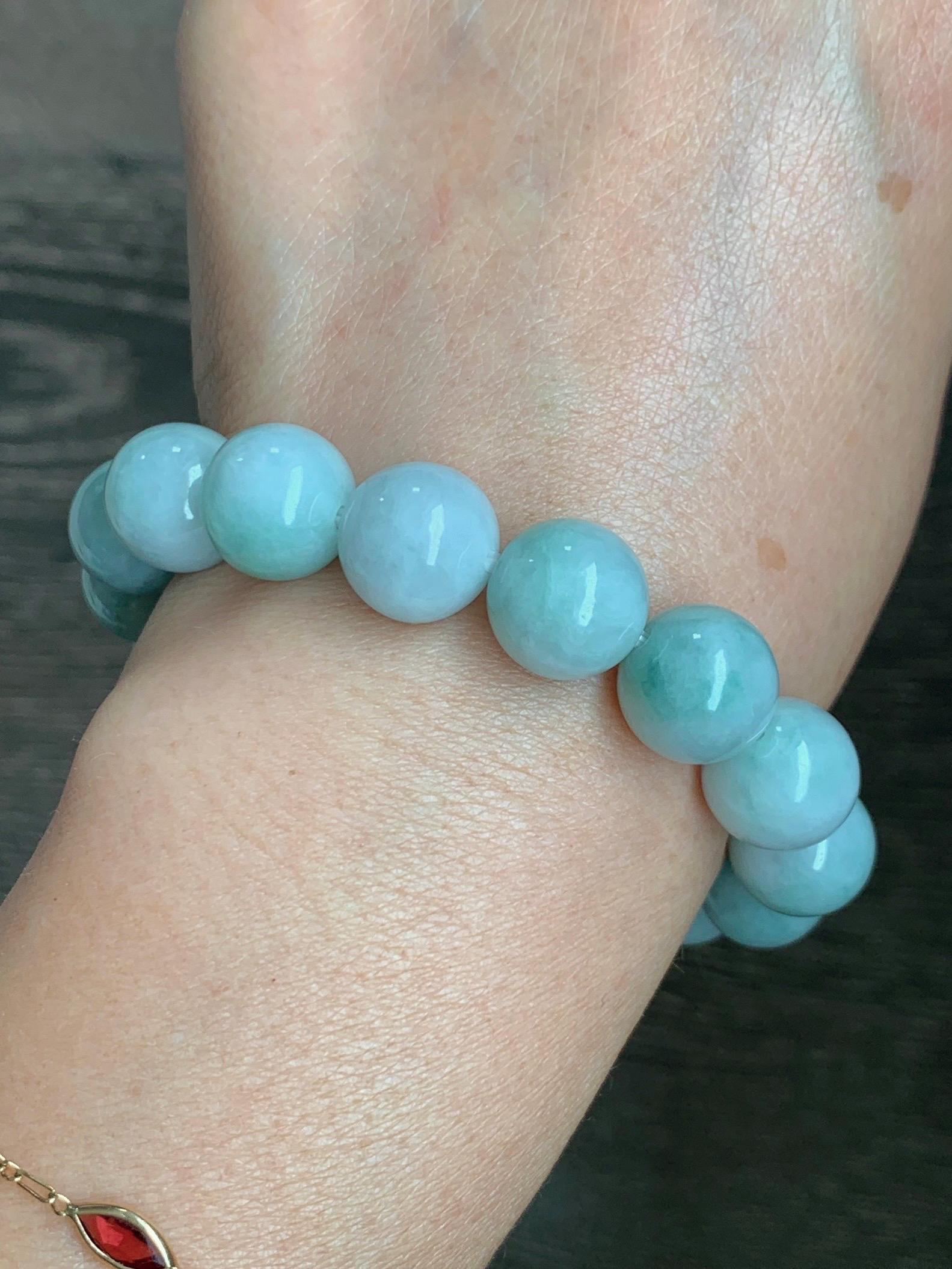 Large Natural Grade A Icy Translucent Pastel Green Marbled Jade Jadeite Beaded Bracelet 12.3mm 7.25" 52g 天然晴底飘花翡翠圆珠手串 MDP110C