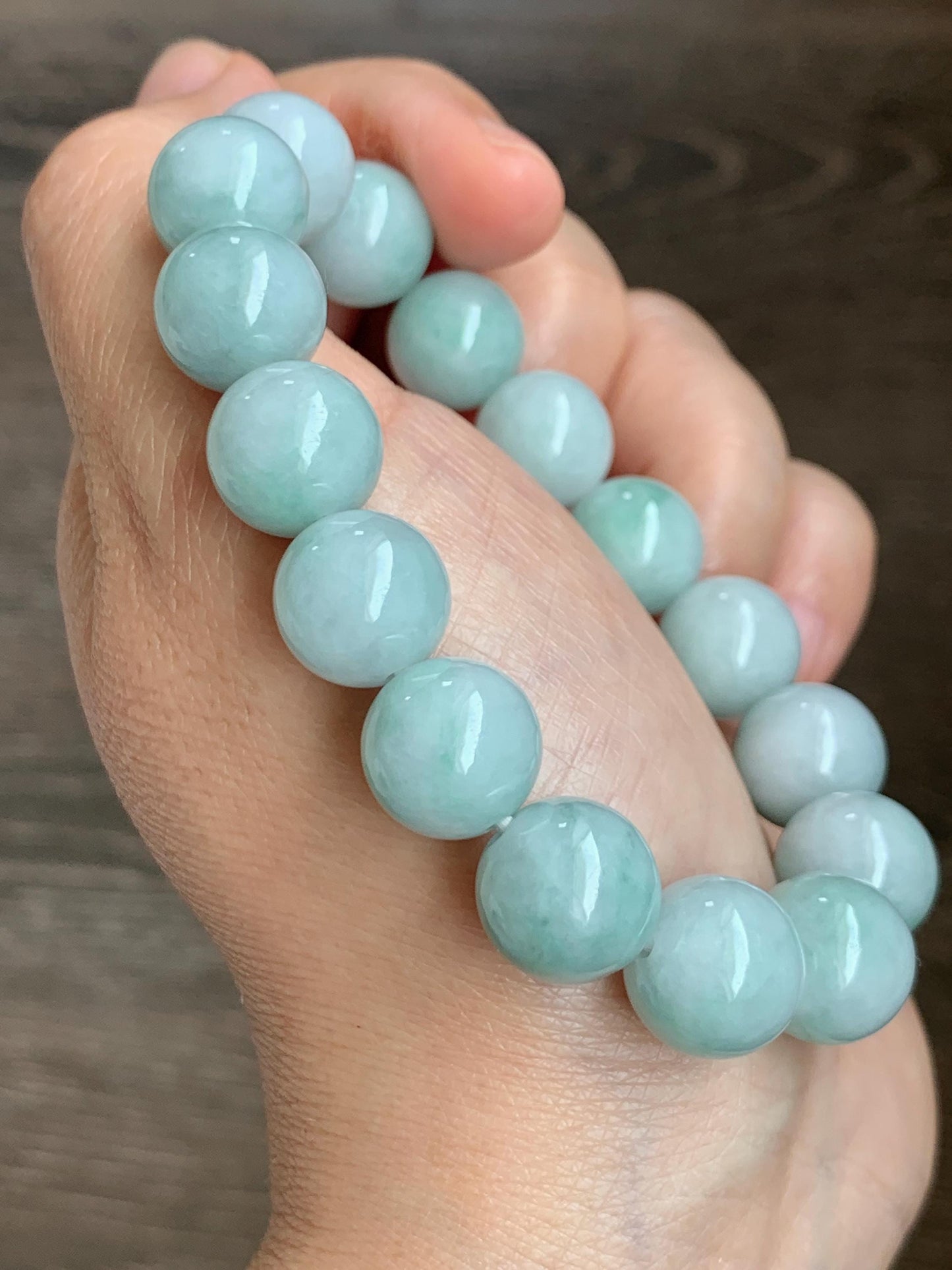 Large Natural Grade A Icy Translucent Pastel Green Marbled Jade Jadeite Beaded Bracelet 12.3mm 7.25" 52g 天然晴底飘花翡翠圆珠手串 MDP110C