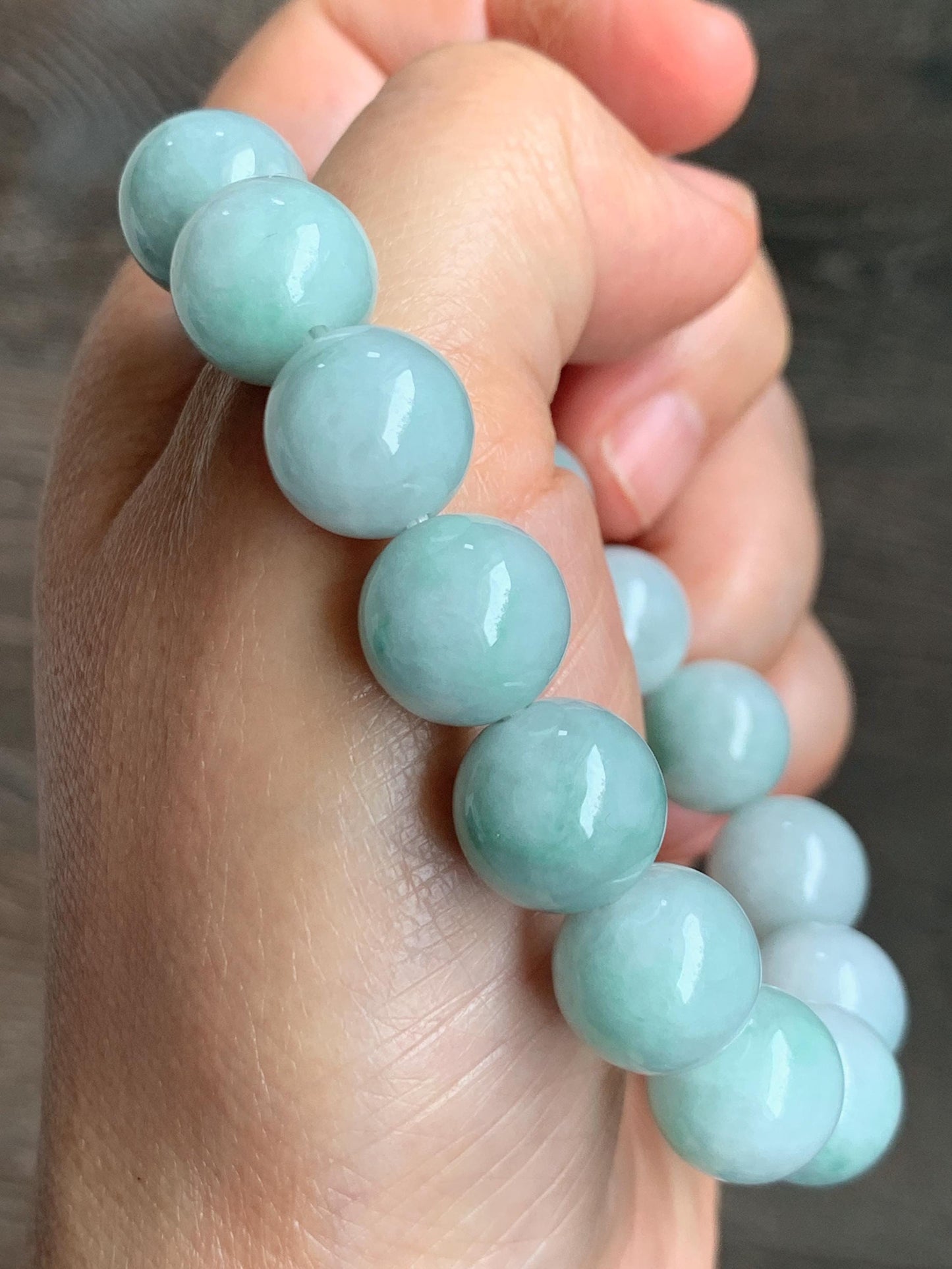 Large Natural Grade A Icy Translucent Pastel Green Marbled Jade Jadeite Beaded Bracelet 12.3mm 7.25" 52g 天然晴底飘花翡翠圆珠手串 MDP110C