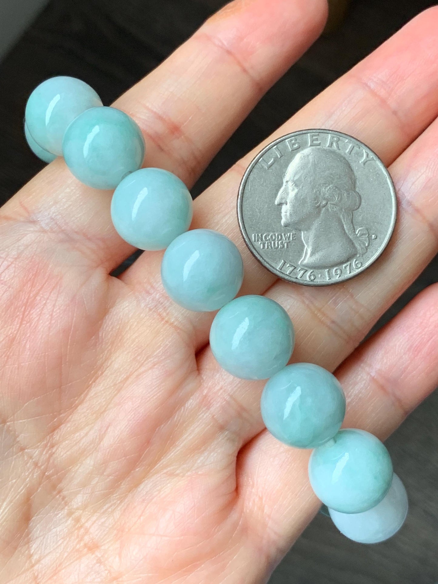 Large Natural Grade A Icy Translucent Pastel Green Marbled Jade Jadeite Beaded Bracelet 12.3mm 7.25" 52g 天然晴底飘花翡翠圆珠手串 MDP110C
