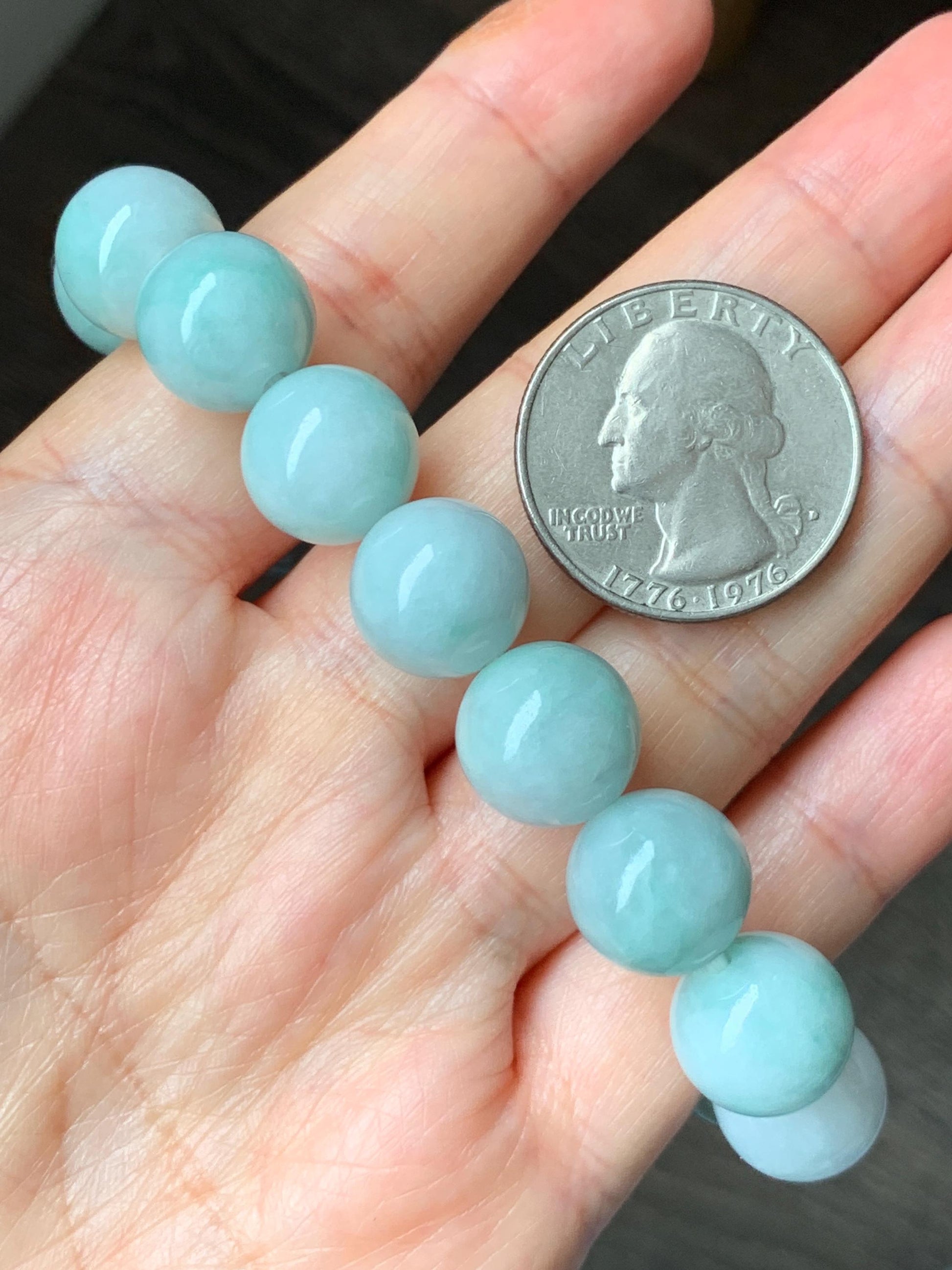 Large Natural Grade A Icy Translucent Pastel Green Marbled Jade Jadeite Beaded Bracelet 12.3mm 7.25" 52g 天然晴底飘花翡翠圆珠手串 MDP110C