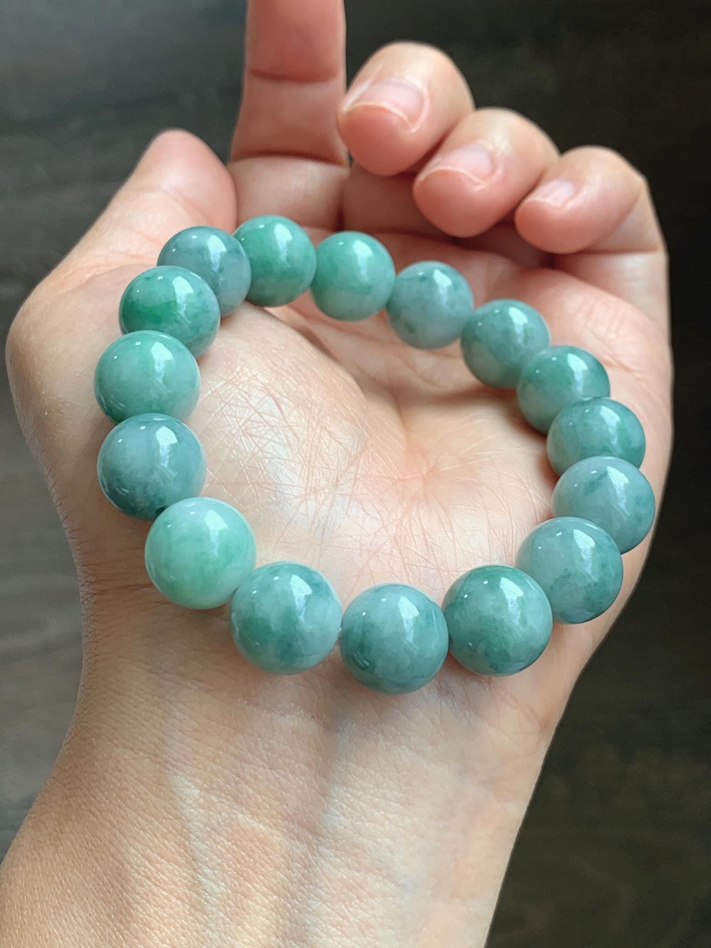 Large Natural Grade A Icy Translucent Pastel Green Dark Green Marbled Jade Jadeite Beaded Bracelet 12.3mm 7" 50g 天然晴底飘花翡翠圆珠手串 MDP110B