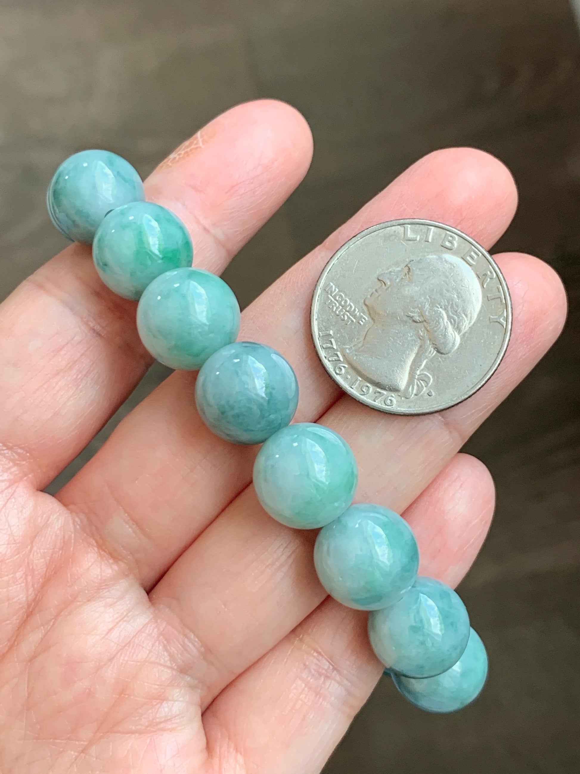 Large Natural Grade A Icy Translucent Pastel Green Dark Green Marbled Jade Jadeite Beaded Bracelet 12.3mm 7" 50g 天然晴底飘花翡翠圆珠手串 MDP110B