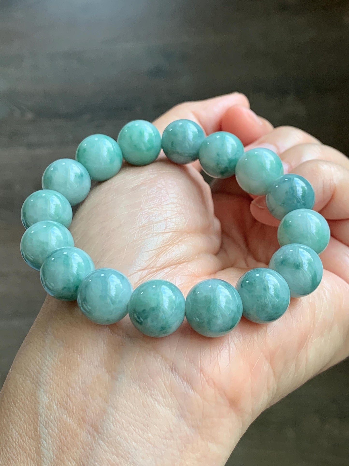 Large Natural Grade A Icy Translucent Pastel Green Dark Green Marbled Jade Jadeite Beaded Bracelet 12.3mm 7" 50g 天然晴底飘花翡翠圆珠手串 MDP110B