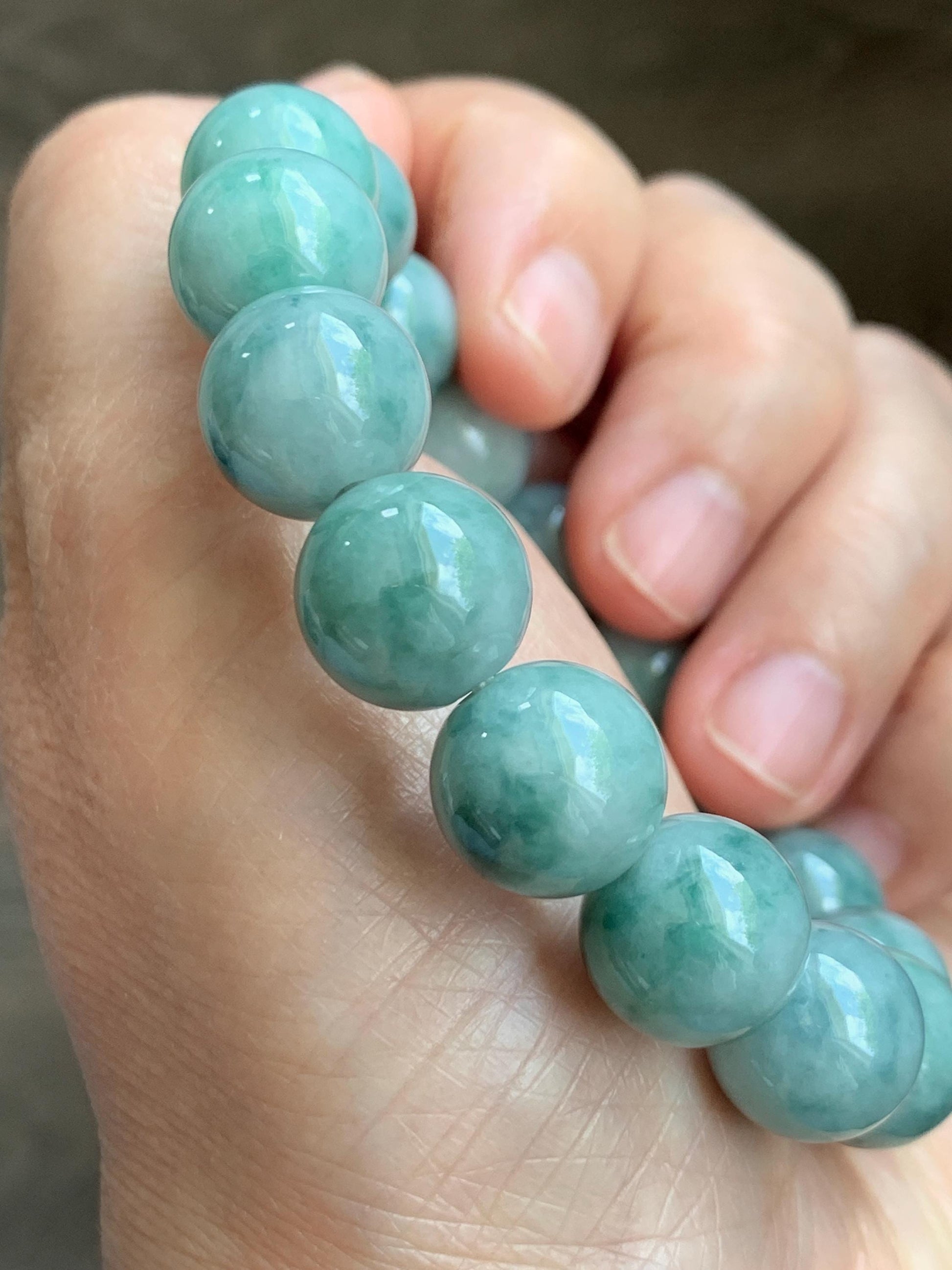 Large Natural Grade A Icy Translucent Pastel Green Dark Green Marbled Jade Jadeite Beaded Bracelet 12.3mm 7" 50g 天然晴底飘花翡翠圆珠手串 MDP110B
