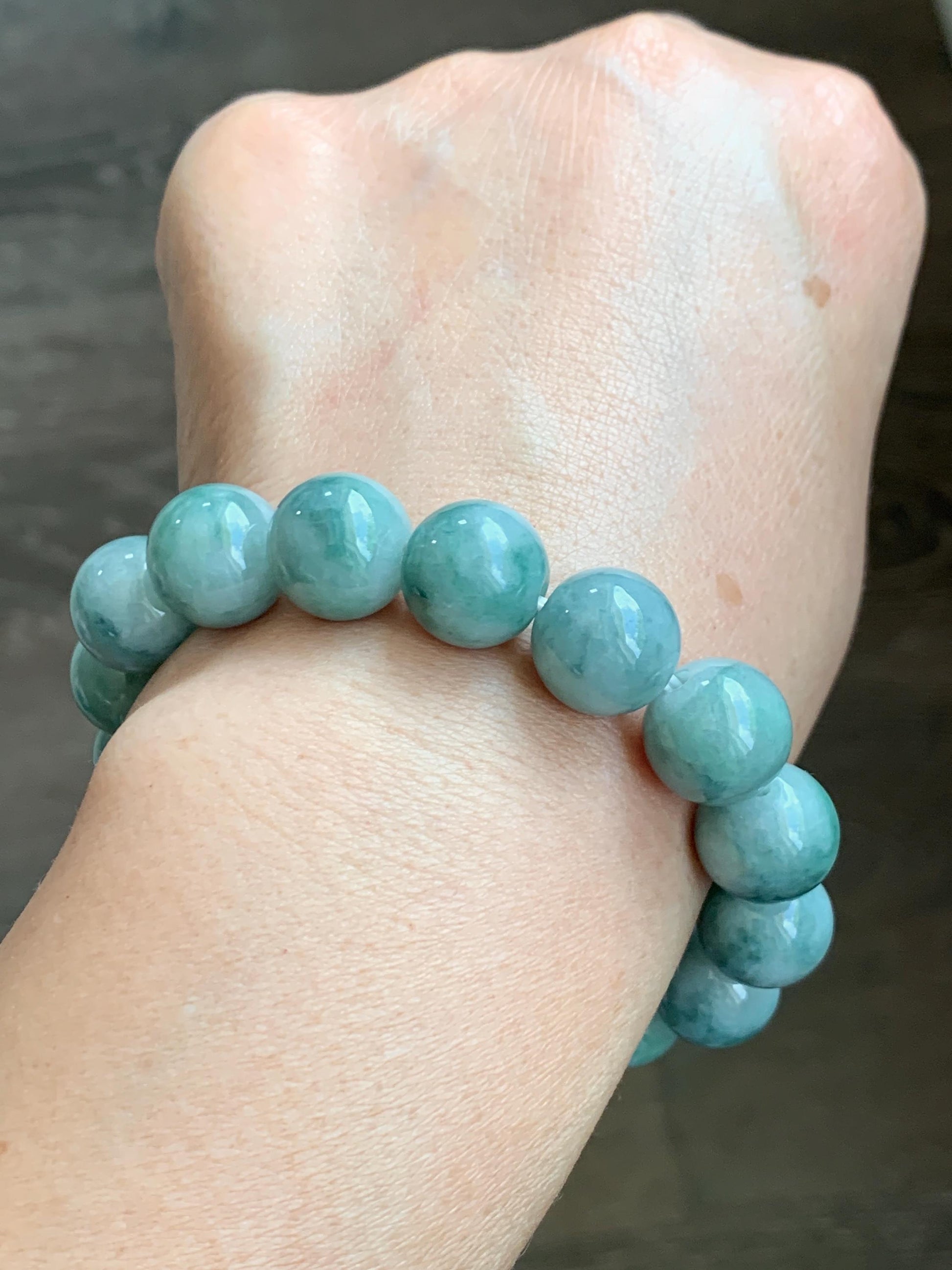 Large Natural Grade A Icy Translucent Pastel Green Dark Green Marbled Jade Jadeite Beaded Bracelet 12.3mm 7" 50g 天然晴底飘花翡翠圆珠手串 MDP110B