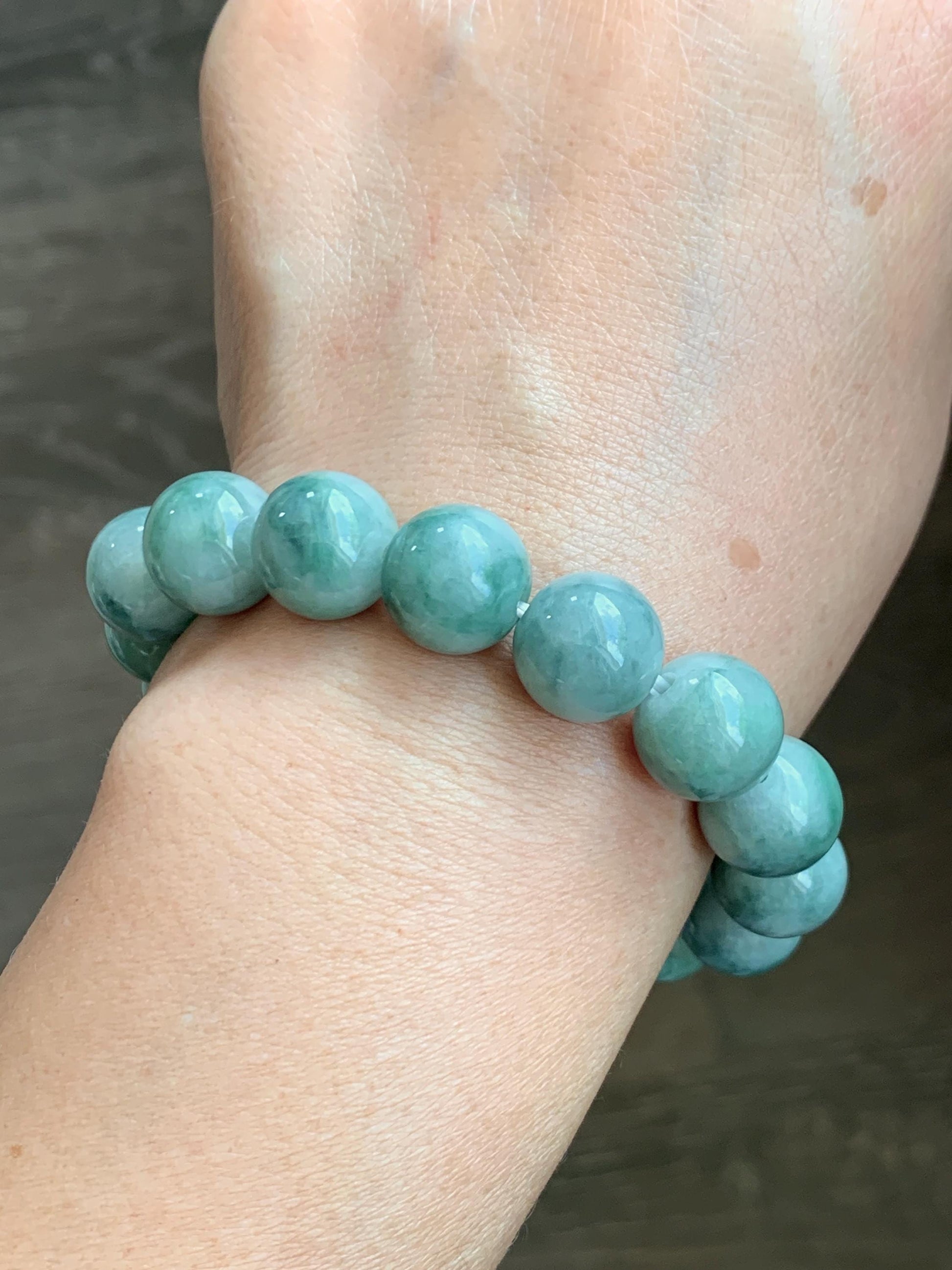 Large Natural Grade A Icy Translucent Pastel Green Dark Green Marbled Jade Jadeite Beaded Bracelet 12.3mm 7" 50g 天然晴底飘花翡翠圆珠手串 MDP110B