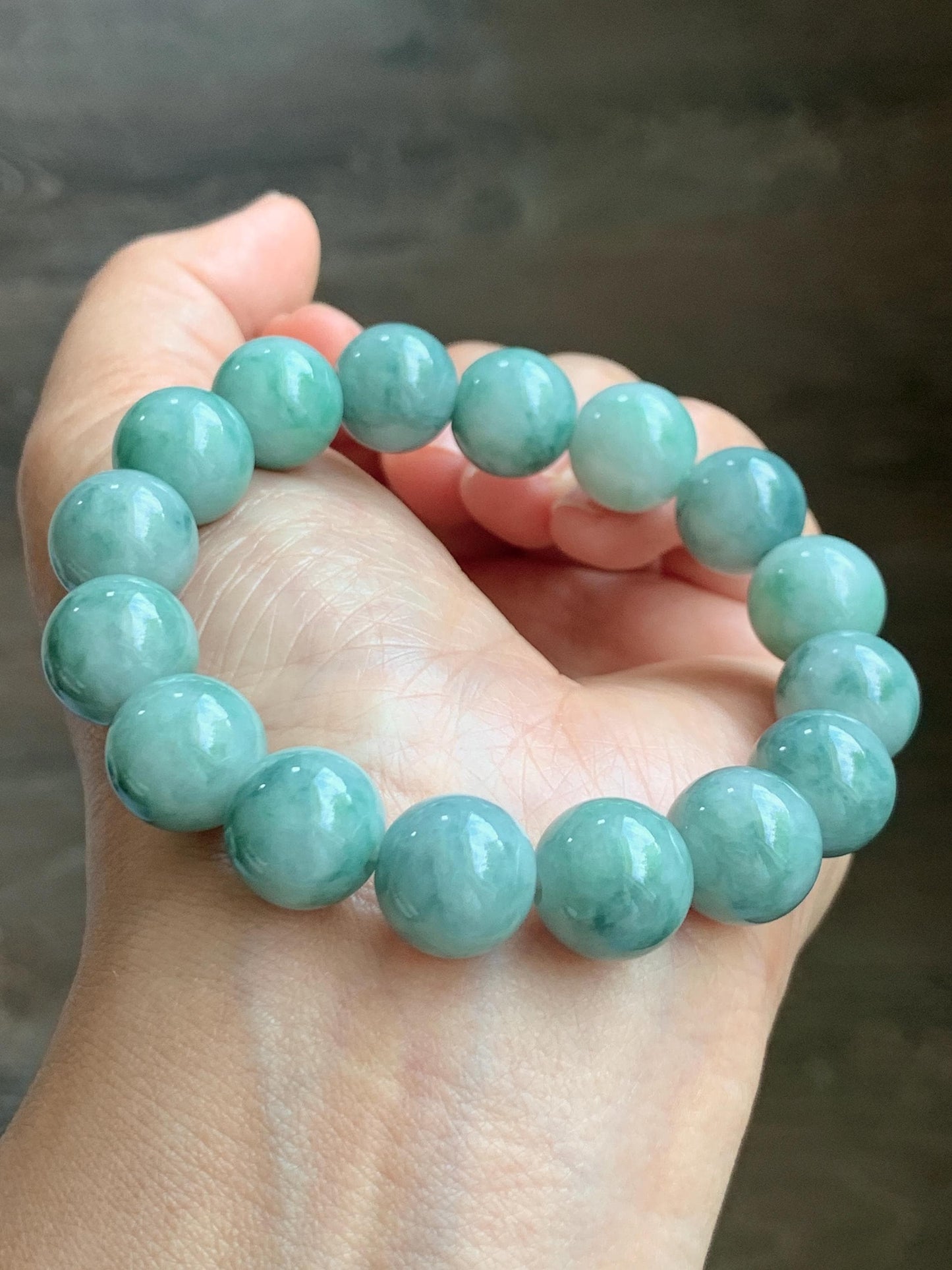 Large Natural Grade A Icy Translucent Pastel Green Dark Green Marbled Jade Jadeite Beaded Bracelet 12.3mm 7" 50g 天然晴底飘花翡翠圆珠手串 MDP110B
